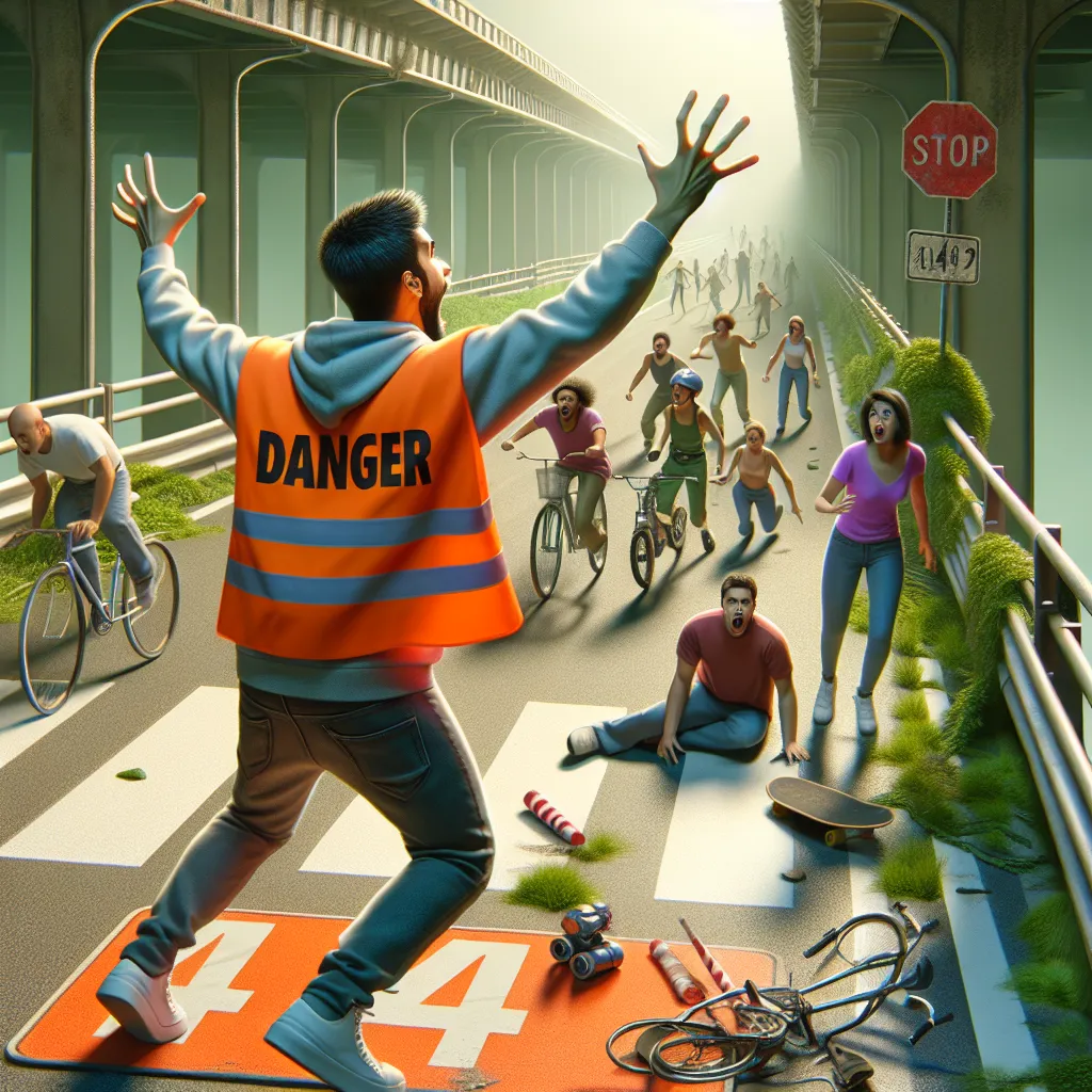 Anxious teenager in orange safety vest and jeans, frantically gesturing and shouting to a cautious crowd of pedestrians, cyclists, and skaters near a crumbling bridge, with "404" warning of a broken connection.