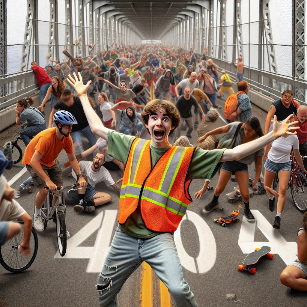 An anxious teen in an orange safety vest signaling danger to spectators, pedestrians, bicyclists, skateboarders, and rollerbladers moving towards a collapsed bridge. The bridge surface is marked with 404, indicating a broken connection.