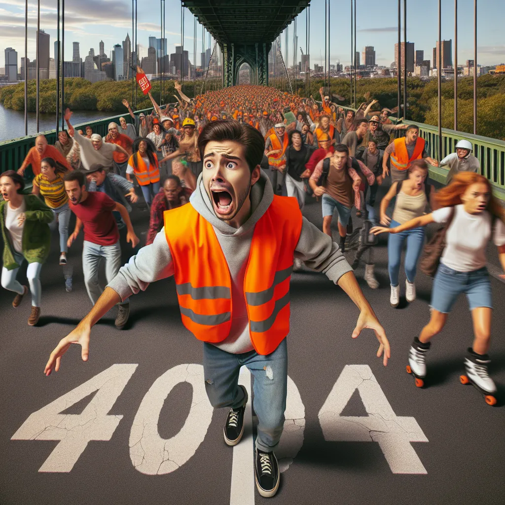 Anxious teenager in orange safety vest and jeans, signaling danger to a crowd of pedestrians, bicyclists, and skateboarders near a collapsing bridge, under a cloudy sky, with a '404' warning visible.