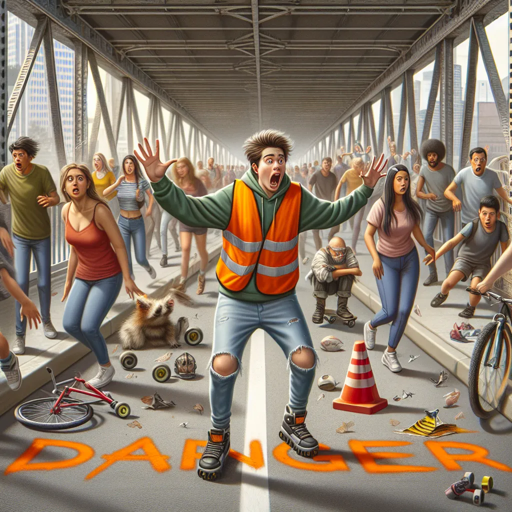 Teenager in an orange safety vest frantically waving to alert pedestrians, cyclists, and skaters about a collapsed bridge, with '404' on it indicating broken web connection.