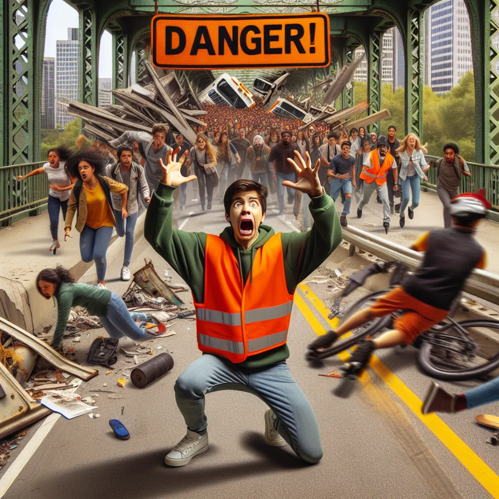 An anxious teen wearing a reflective orange vest franticly waves in warning to a crowd of pedestrians and riders inching towards a crumbling bridge, with the number 404 inscribed across it, signaling a pausing danger.