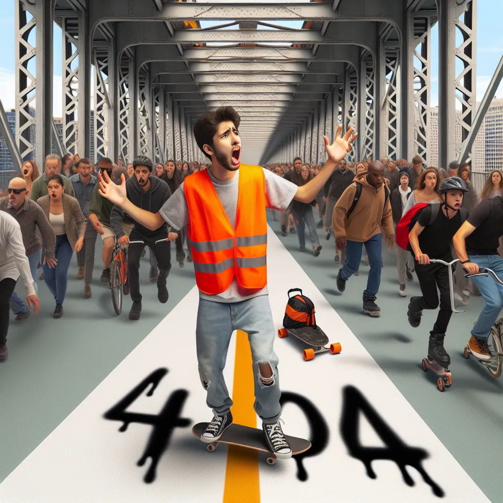 An anxious teenager in an orange safety vest and jeans, waving his arms to alert a crowd of pedestrians, bikers, skateboarders, and rollerbladers approaching a broken bridge. The scene includes a 404 error warning.
