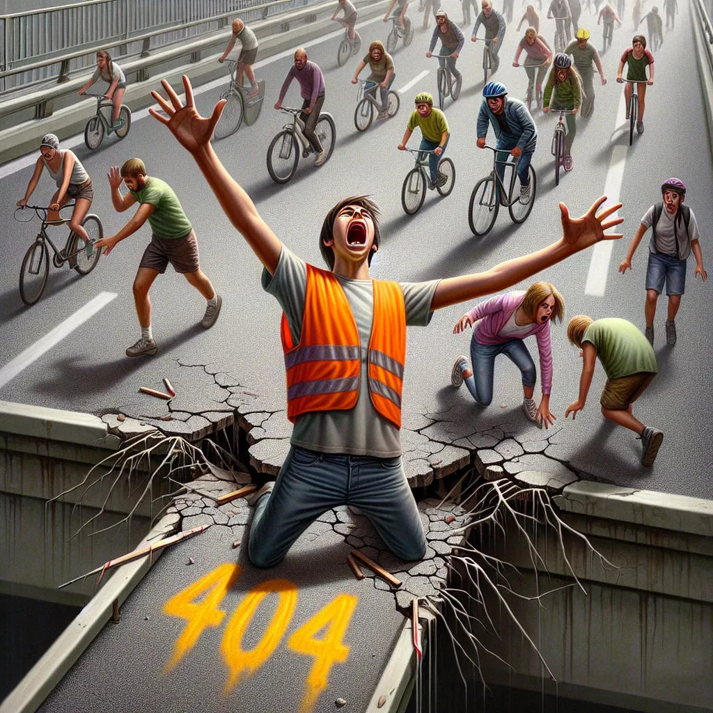 Alt text: Anxious teenager in orange safety vest shouting danger and waving to a wary crowd of pedestrians, bicyclists, skateboarders, and rollerbladers approaching a damaged bridge. The number 404 is visible, symbolizing a broken connection.