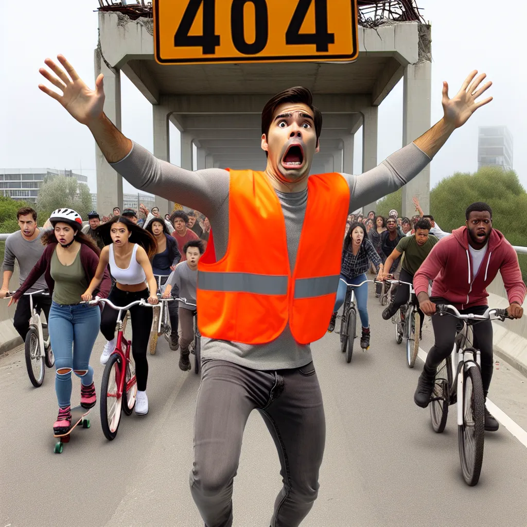 Anxious teenager in orange safety vest passionately signaling danger to approaching crowd of pedestrians, bicyclists, skateboarders, and rollerbladers near a collapsed bridge. A '404' warning signifying broken online connections is visible.