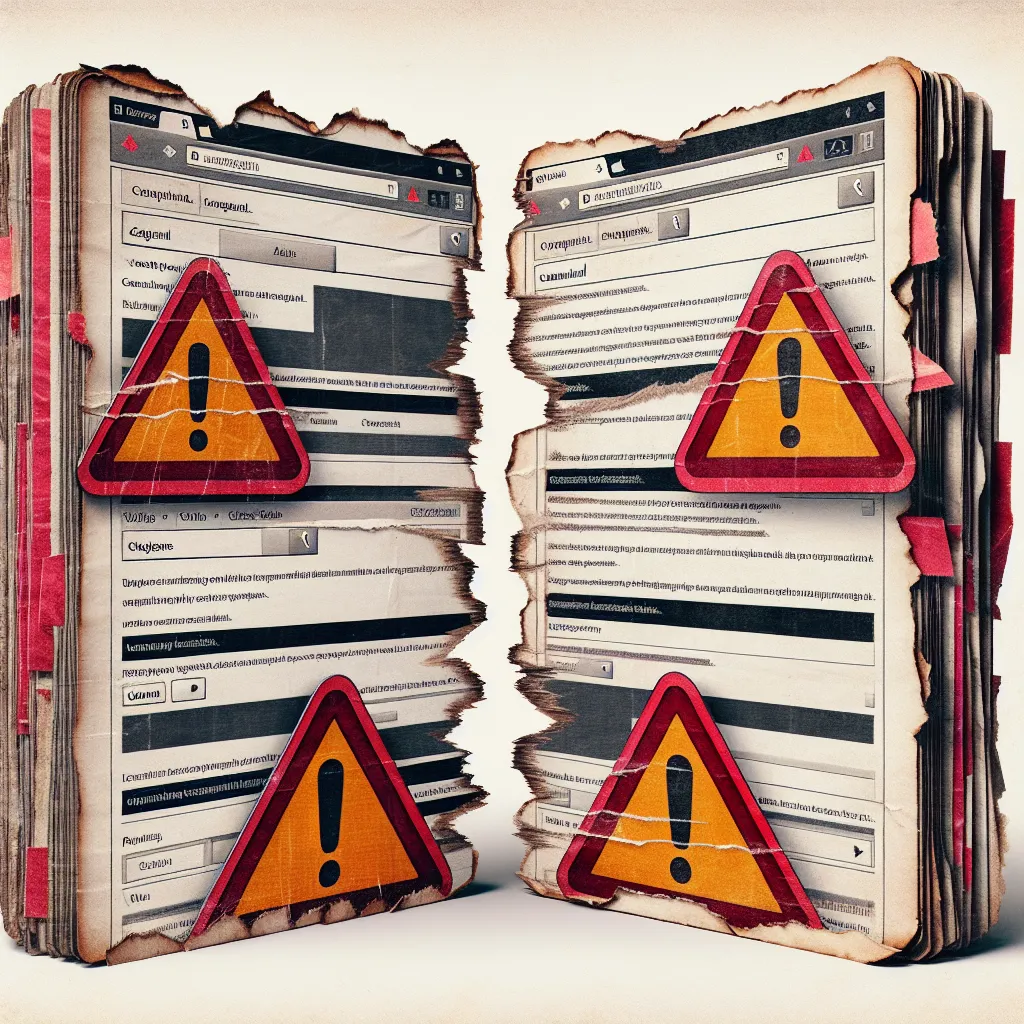 Alt text: Two stack of layered webpages, torn and faded with ragged edges, display chaotic UI elements and warning sirens. Large red error symbols cover the documents to symbolize critical SEO errors due to mismatching canonical tags, creating a surreal representation of the problems resulting from a lack of unified website metadata.