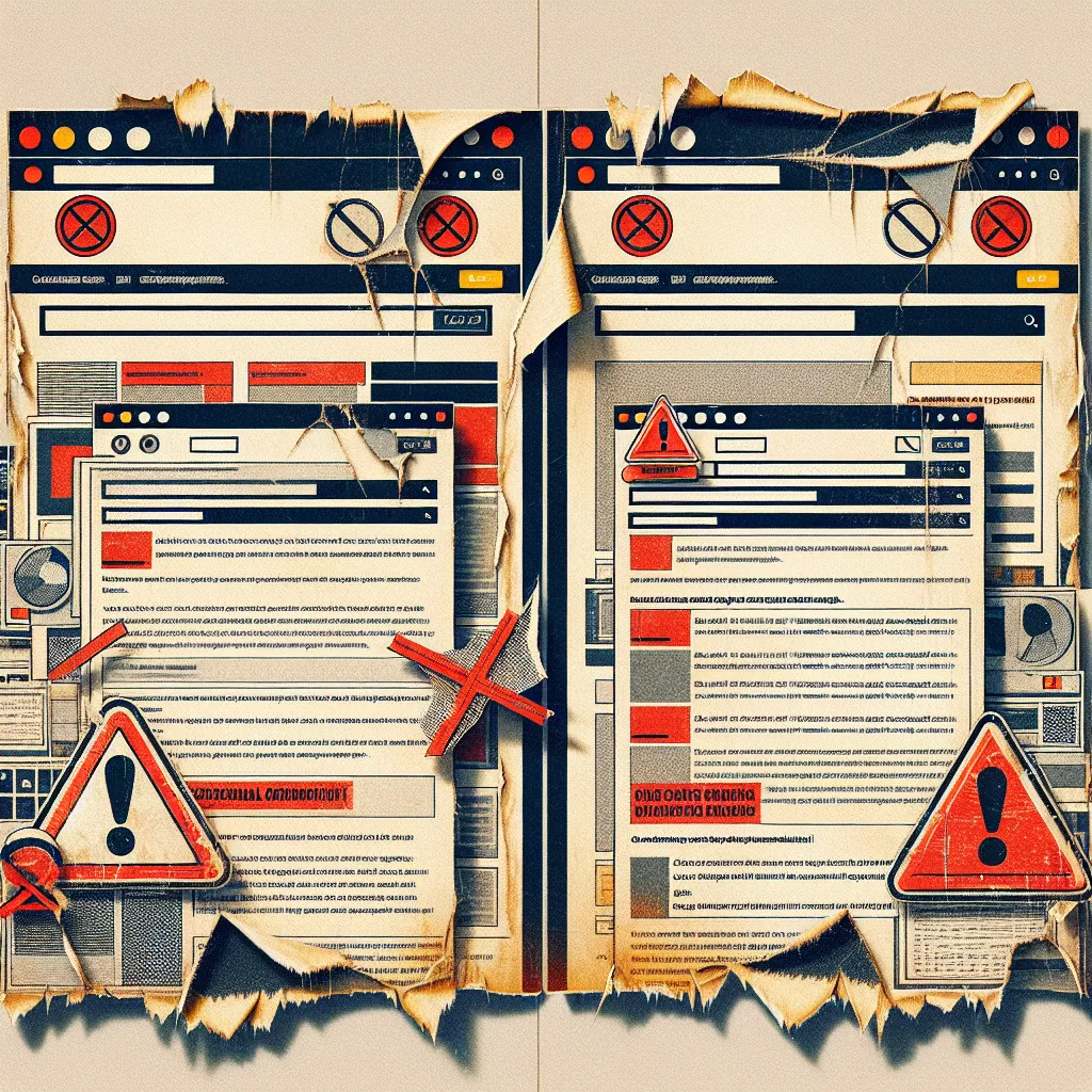 Alt text: Illustration of two mismatched, faded webpages showcasing broken UI elements and warning siren graphics. Large red prohibition symbols indicate critical errors, illustrating the severe effects of mismatching canonical tags in website metadata engineering.