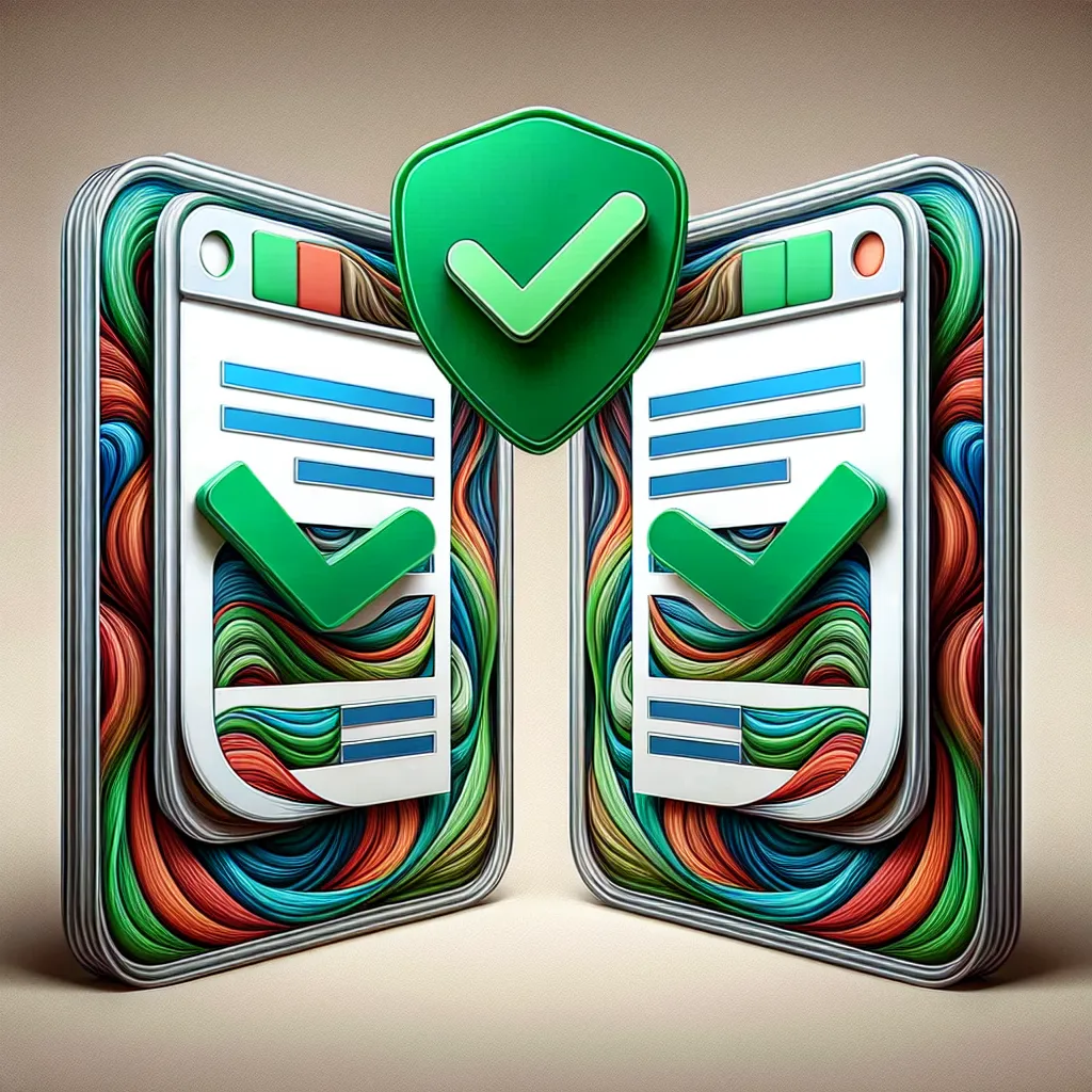 Two mirrored webpages showcasing abstract colors, stacked vertically, with a green check mark badge indicating correct canonical tag implementation. This professional composition emphasizes website metadata usage in a digital art context.