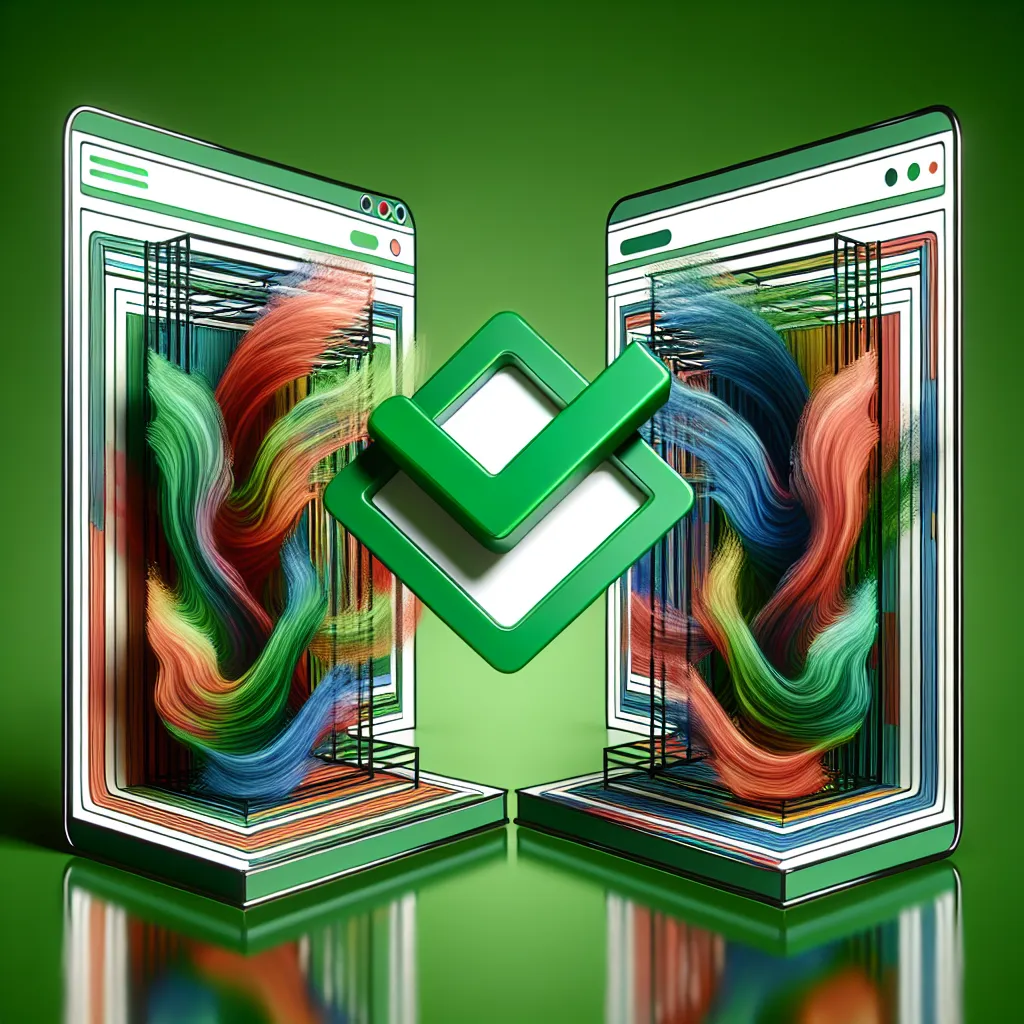 Two mirrored webpage mockups filled with abstract, swirling colors, stacked vertically. A green check mark badge indicates correct canonical tag implementation between the identical pages. The rounded style of the checkmark and webpage outlines, the symmetrical design, and the use of electric blue reflect a clean, professional digital art presentation of proper website metadata usage.