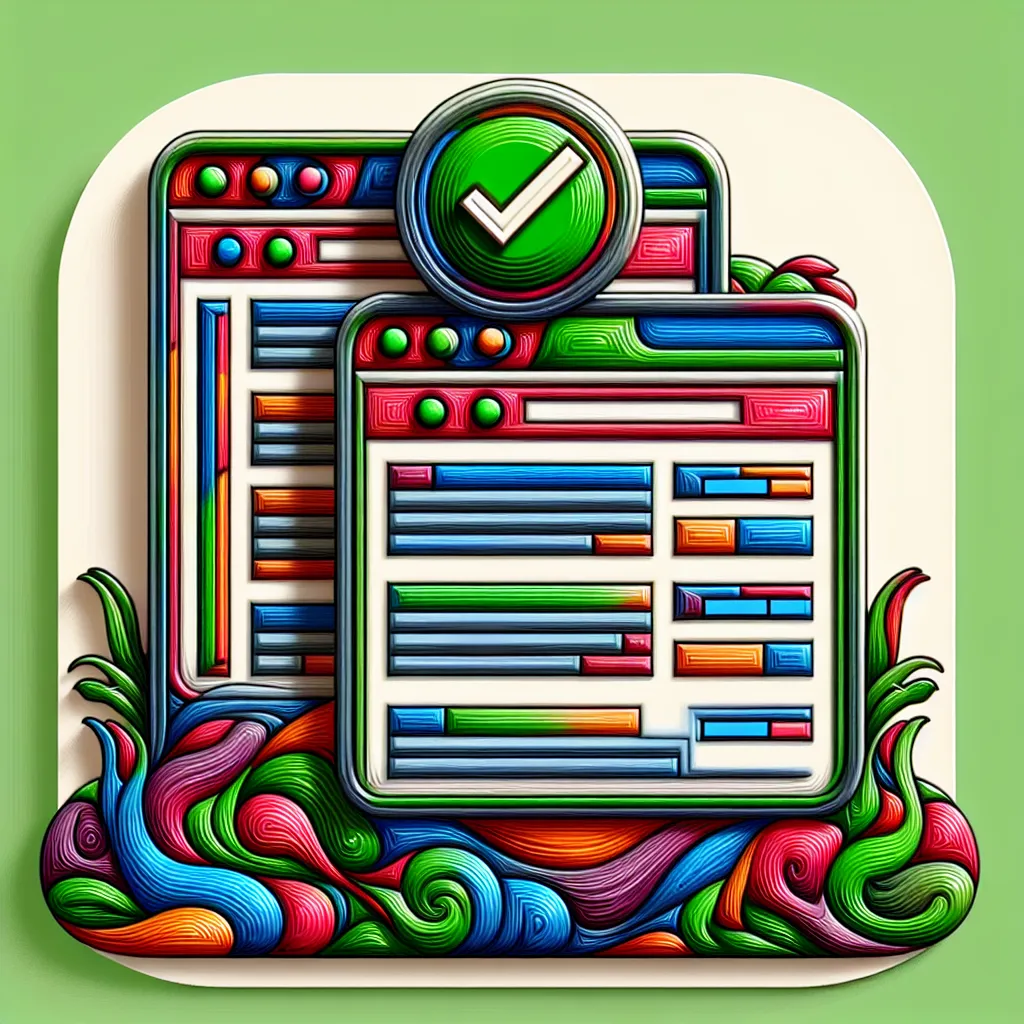 Two mirrored mockup webpages with abstract swirling colors are stacked vertically. Above them is a green check mark badge approving the correct canonical tag implementation. This digital art illustrates proper website metadata usage.
