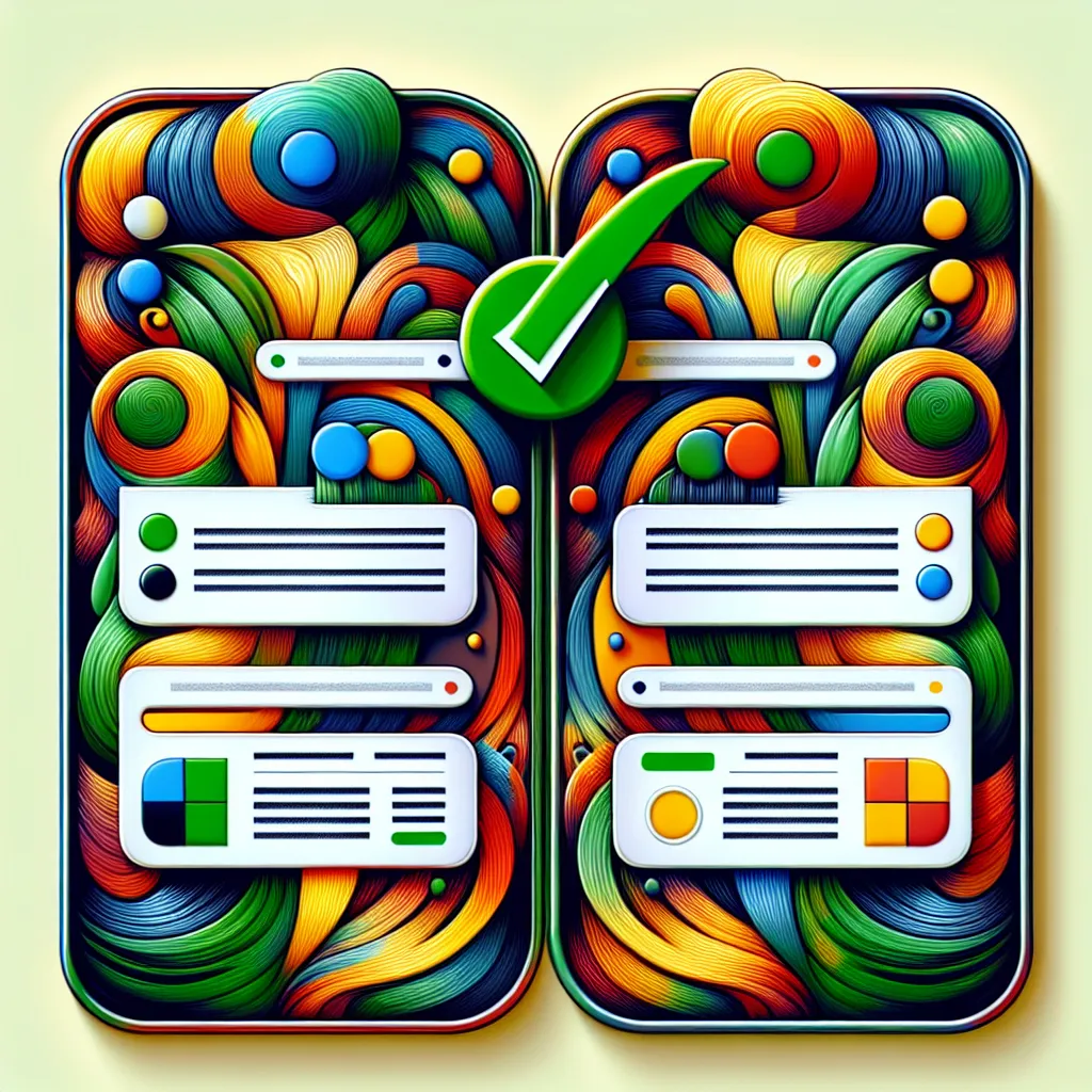 Two identical mockup webpages filled with abstract swirling colors are stacked vertically under a green check mark, symbolizing correctly used canonical tags. This digital art piece serves as an illustration of proper website metadata usage.