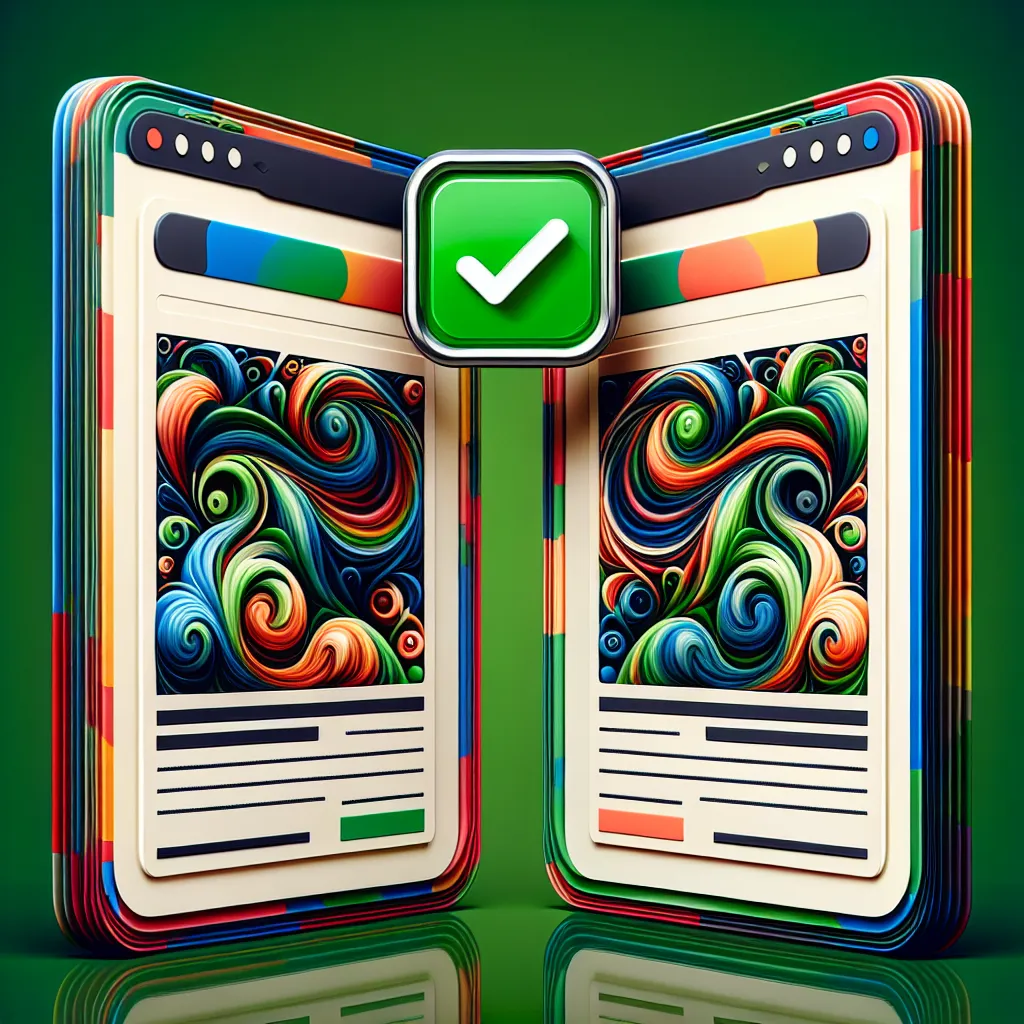 Two mirrored webpages with abstract swirling colors are stacked vertically, approved by a sleek green check mark badge above for correct canonical tag implementation. This image represents proper website metadata usage in a professional digital art composition.