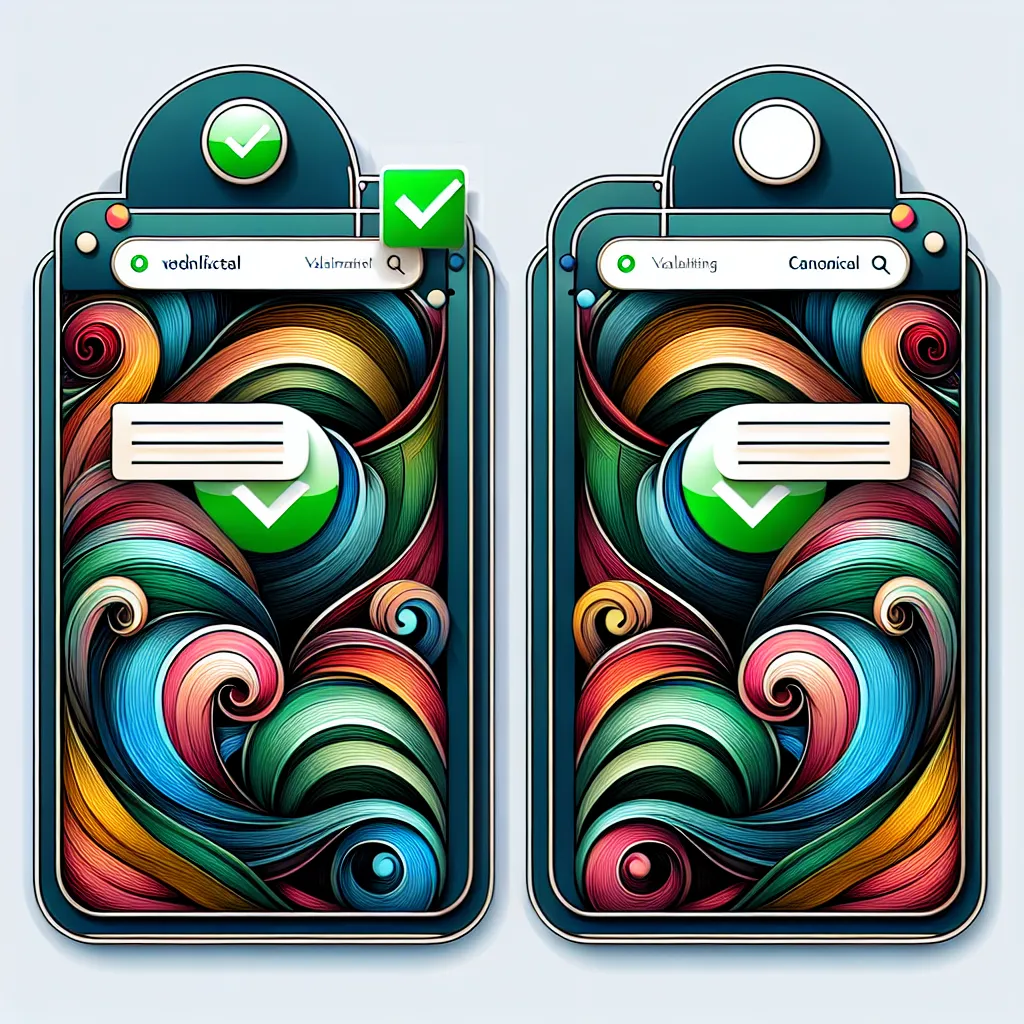 Two mirrored mockup webpages stacked vertically with abstract swirling colors and a green check mark badge indicating correct canonical tag implementation. Overall, a clean, professional digital art composition demonstrating proper website metadata usage.