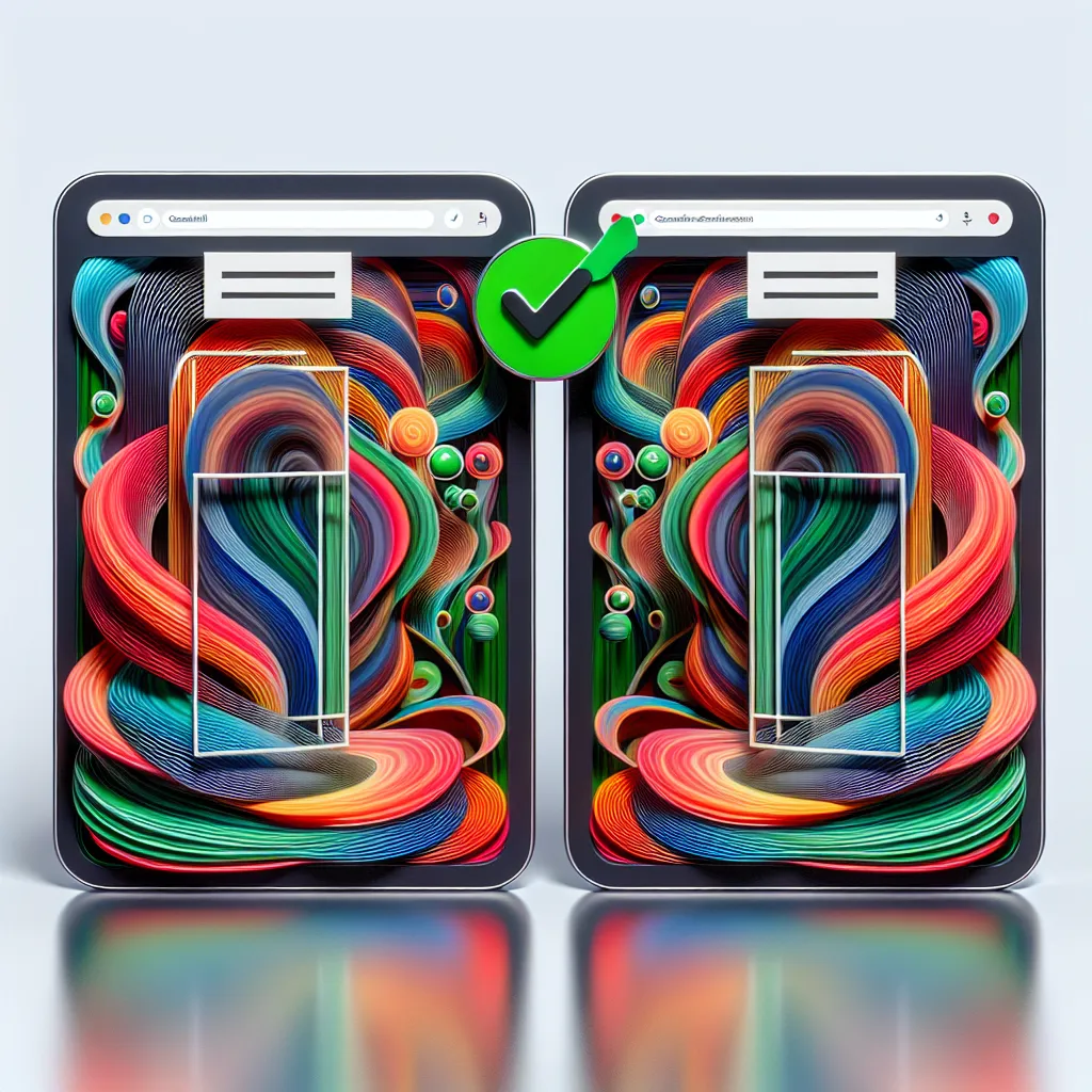 Two mirrored mockup webpages with abstract colorful swirls stacked vertically with a green checkmark above, indicating correct canonical tag implementation. This sleek, rounded style design demonstrates proper website metadata usage.