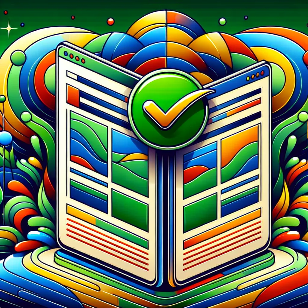 Two identical webpages filled with abstract, swirling colors are stacked vertically with a green check mark badge above them, symbolizing correct canonical tag implementation. This visually pleasing digital art highlights symmetry, font usage, and patterns.