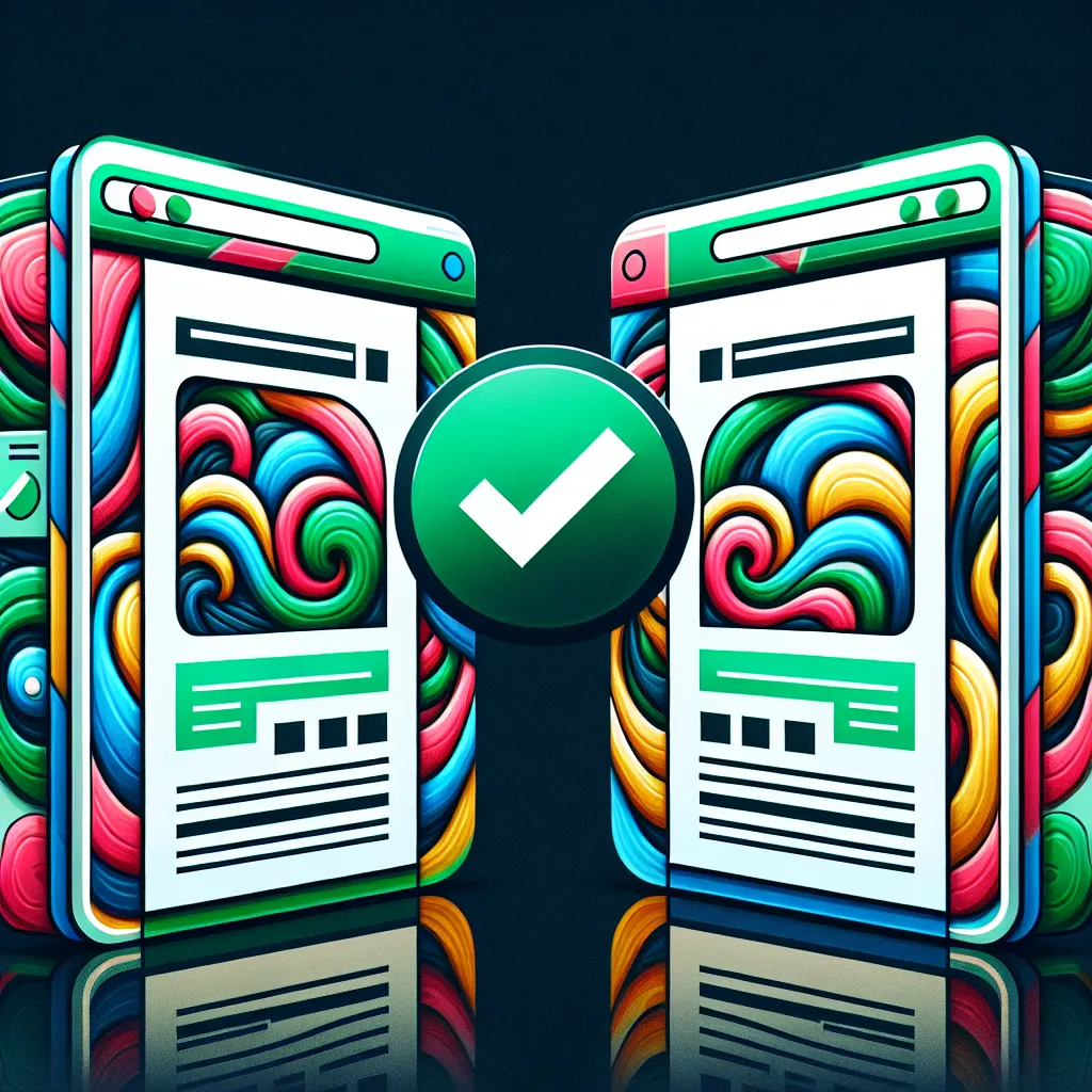 Two vertically stacked, mirrored mockup webpages filled with abstract colorful swirls, a green check mark badge above indicating correct canonical tag usage. Sleek design features vivid green accents, a professional layout, and is representative of proper website metadata usage.