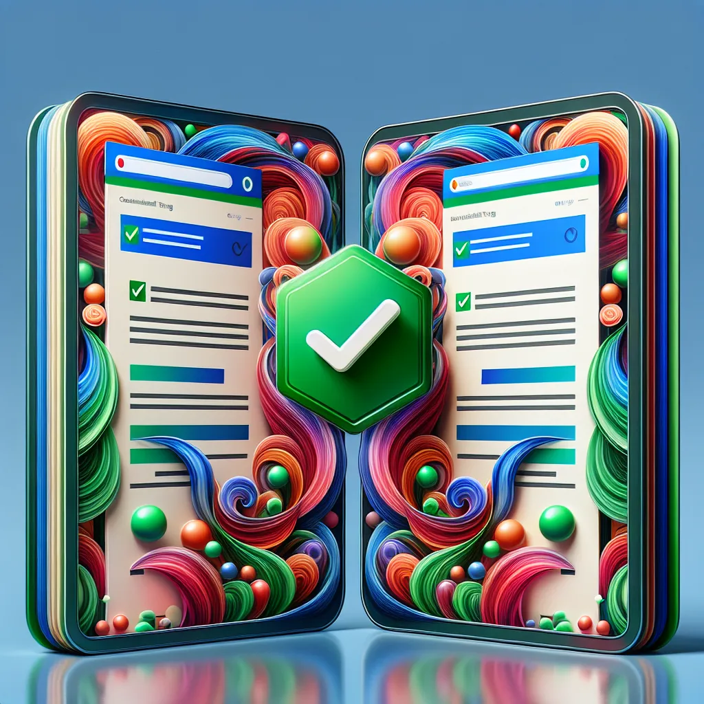 Two mirrored mockup webpages displaying abstract swirling colors are stacked vertically, featuring a green, rounded check mark badge approving canonical tag implementation. The pages and icon create a professional digital art display of proper website metadata usage.