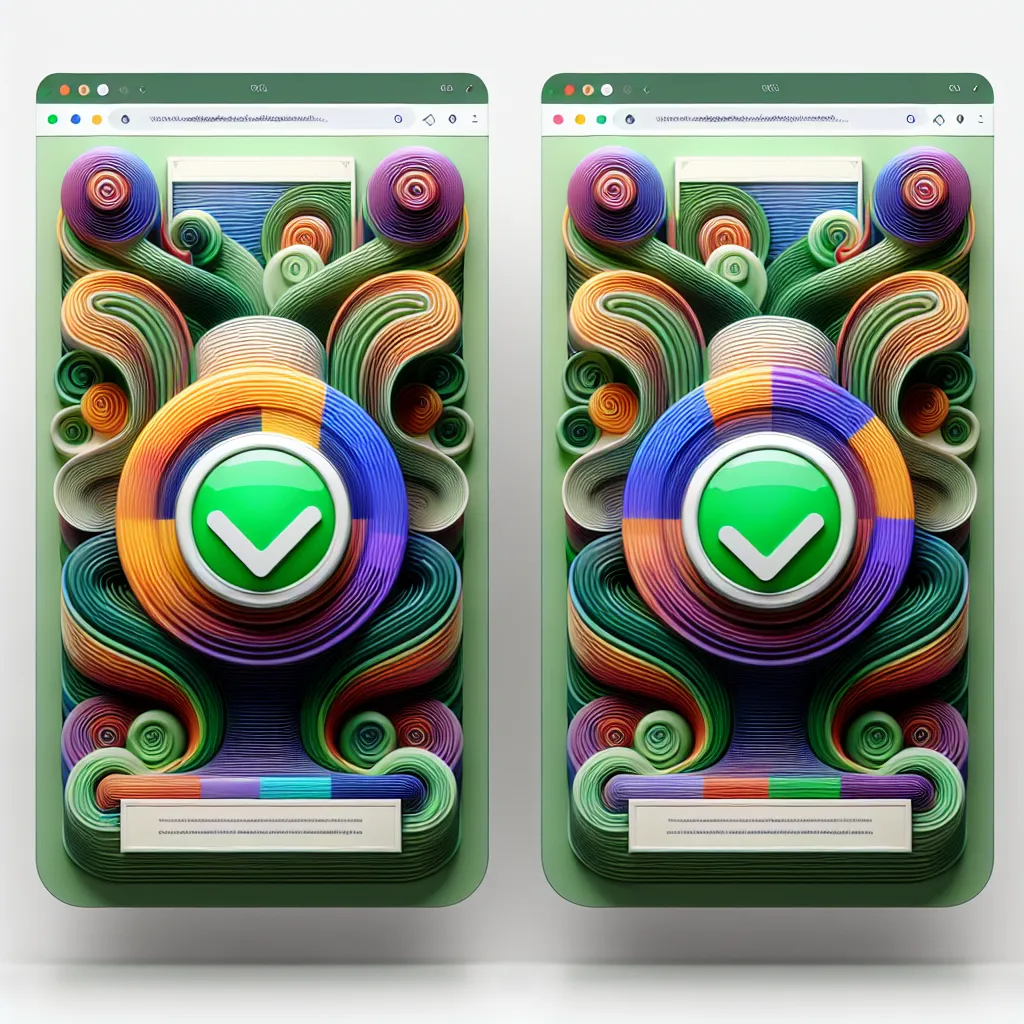 Two vertically stacked, mirrored mockup webpages featuring a vibrant blend of abstract colors. A green check mark badge confirms the correct usage of canonical tags between the identical pages. The display suggests optimal website metadata usage, demonstrating a blend of art and technology.