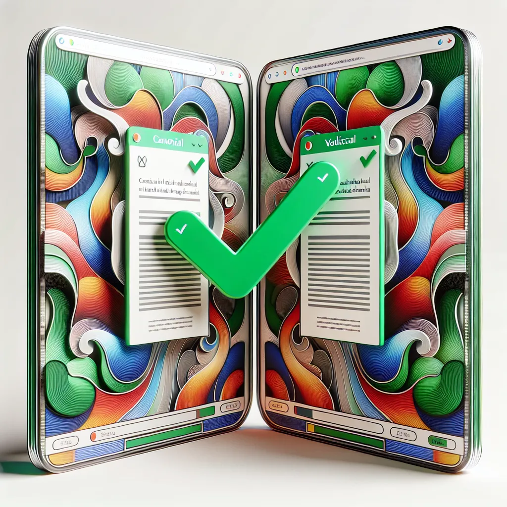 Two mirrored mockup webpages featuring abstract swirling colors stacked vertically. A green check mark badge approves the correct canonical tag implementation between the duplicated pages, demonstrating correct website metadata usage in this digital art piece.