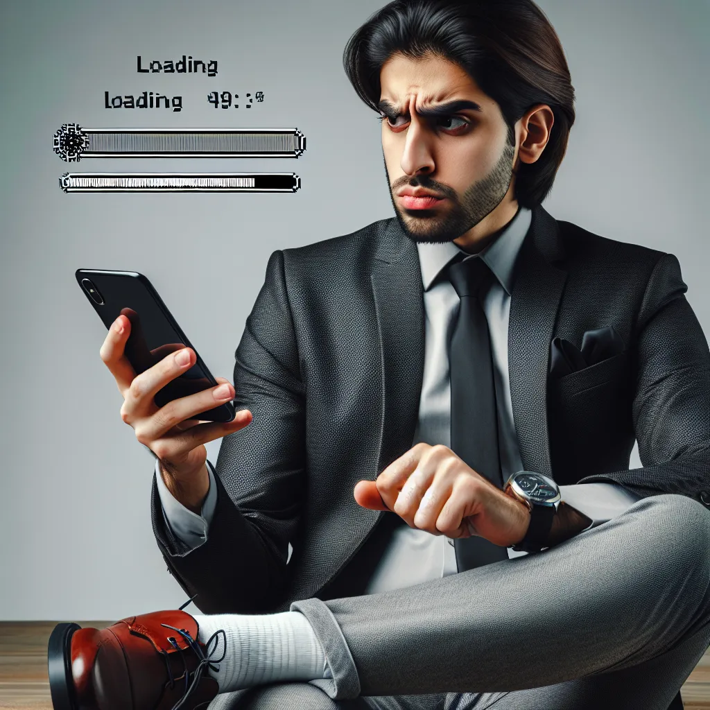 A tense young startup founder in a crisp white dress shirt and tie, showcasing a neat hairstyle and eyewear. He is tapping a foot impatiently and crossing his arms, holding a smartphone, waiting for a slow-loading webpage.