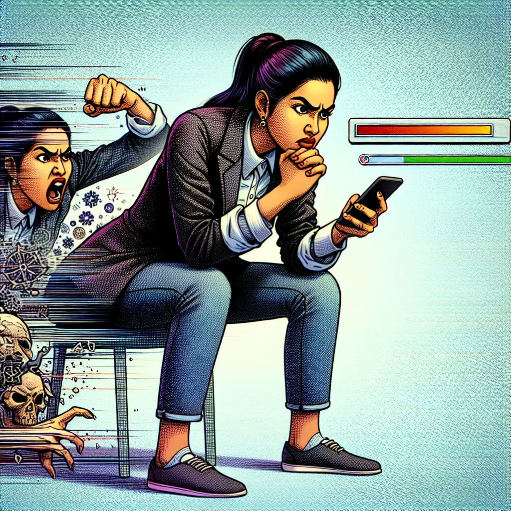 Startup founder in business attire impatiently waiting for webpage graphics to load, shown by a slow status bar on the screen. The scenario avoids all elements of violence, danger, and controversial themes.
