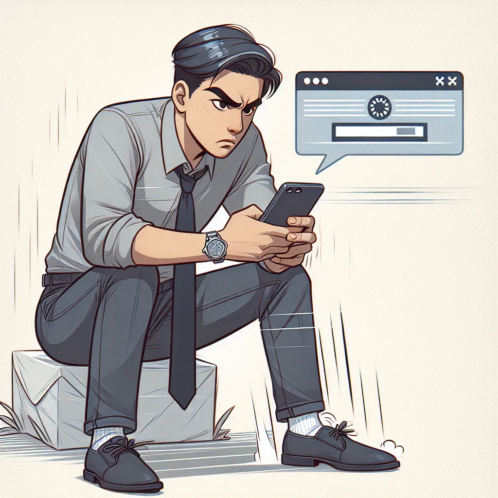 Young startup founder in business casual attire, impatiently tapping foot and crossing arms, holding a smartphone with slowly loading webpage graphics displayed.