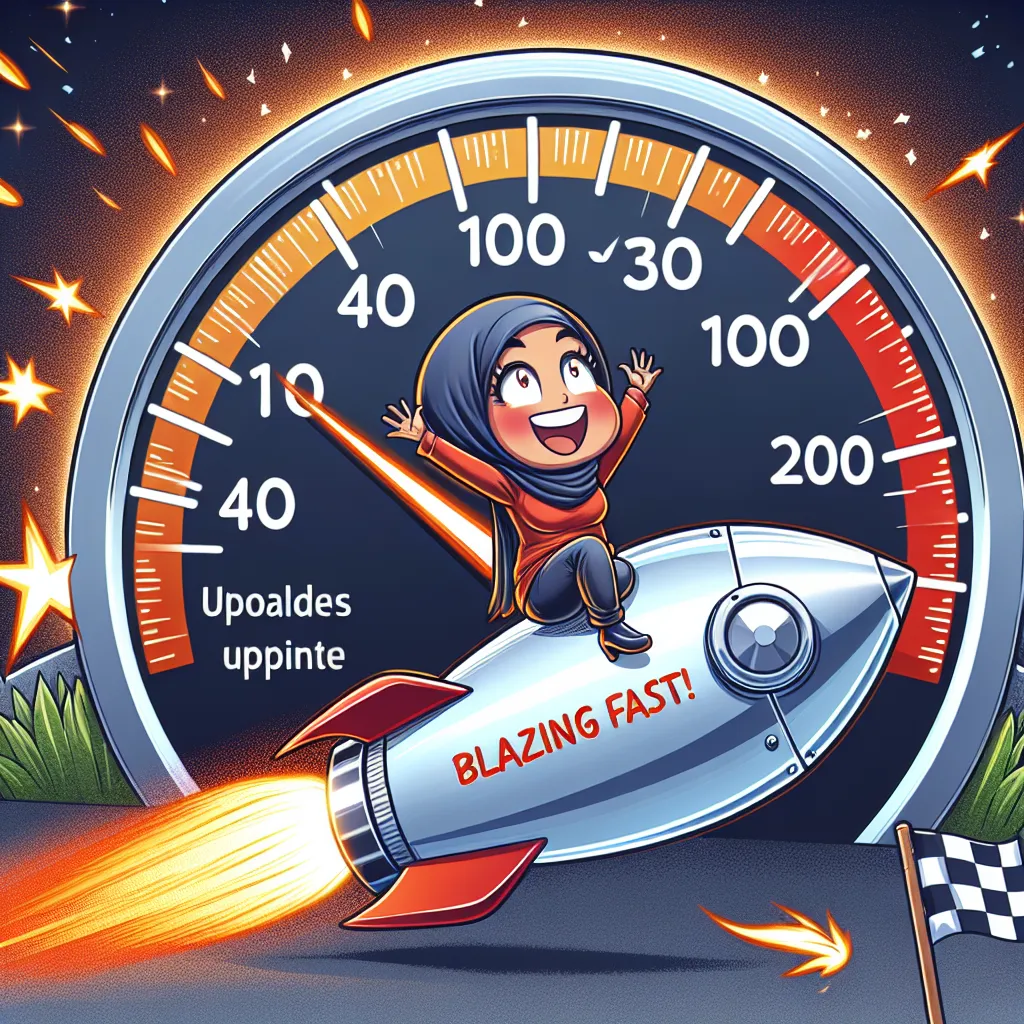 A joyful web developer riding a rocket-powered upload bar, swiftly uploading high-quality website images, with a glowing speedometer showing extreme speeds, surrounded by sparks and celebratory race flags.