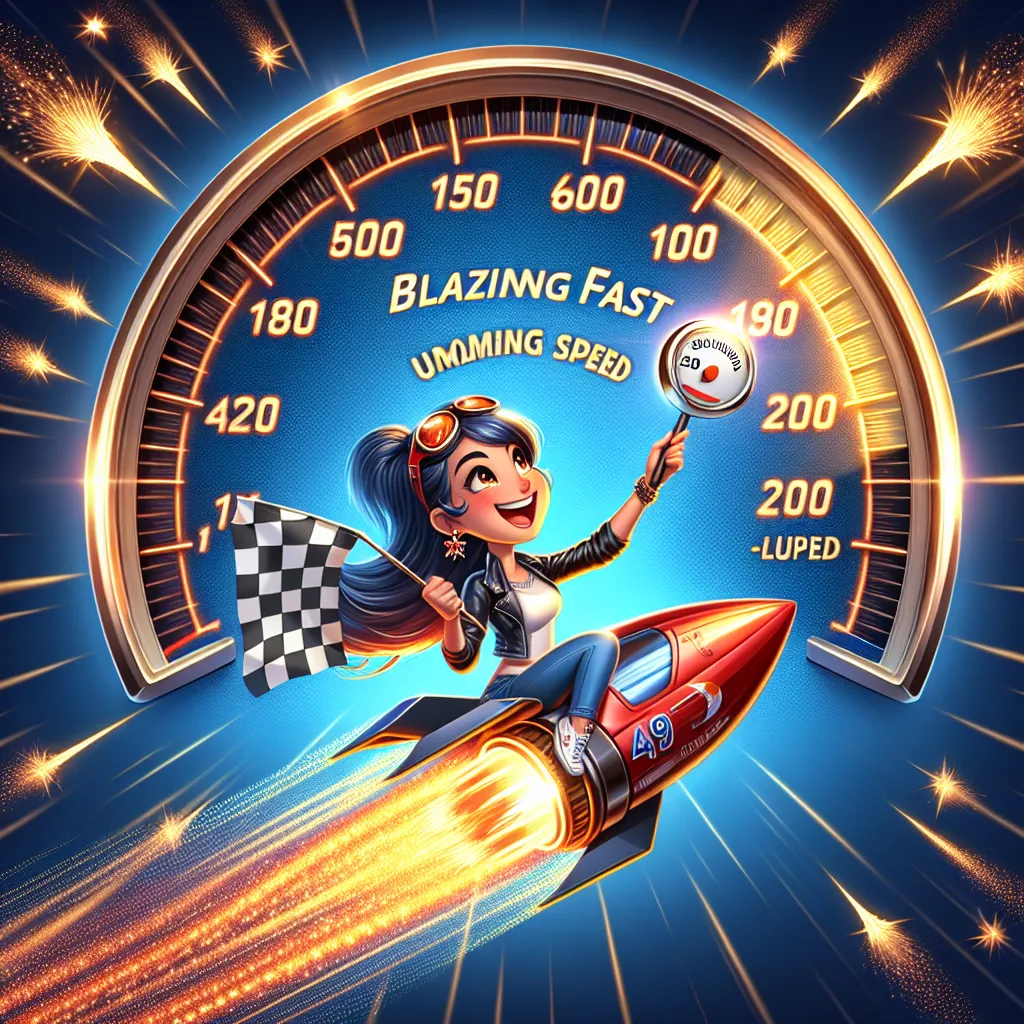 A vibrant speedometer dial at maximum speed, displaying swift website image loading, with sparks flying. A delighted web developer surfs on a soaring upload bar, launching crystal clear images at lightning speed amid celebratory race flags.