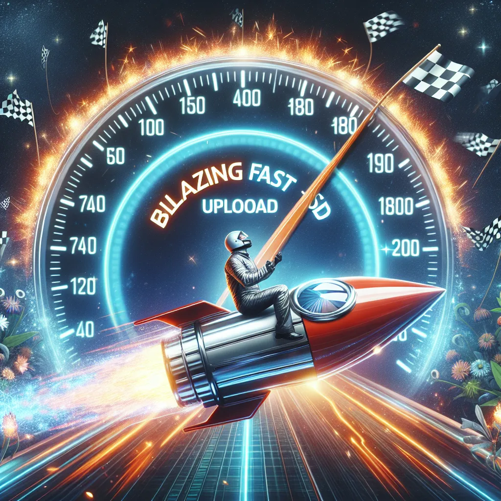 Web developer joyfully riding a rocketing upload bar, rapidly uploading crystal clear website images. Speedometer dial aglow and set to blazing fast, sparks flying, with race flags congratulating the swift image loading speeds.