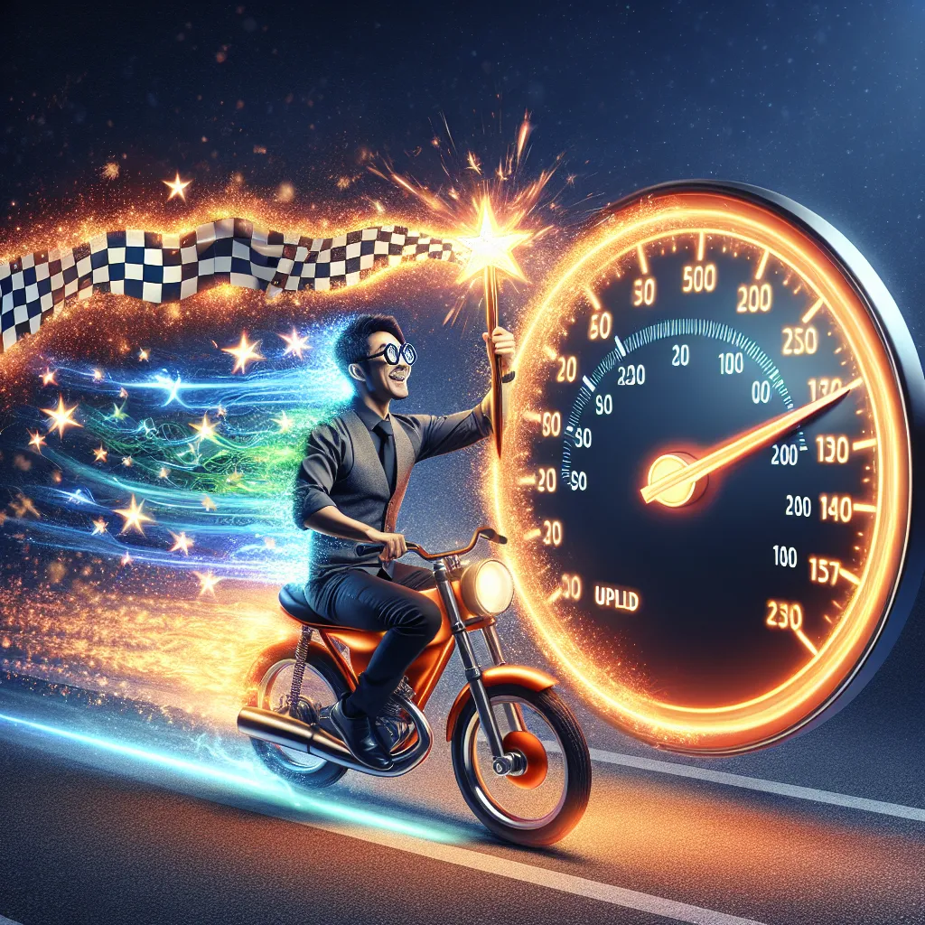 A web developer joyfully rides a rocketing upload bar, sending perfectly loaded website images at high speeds. Sparks fly from a red-hot speedometer dial, symbolizing impressive loading speeds, while racing flags wave in celebration. A variety of transportation vehicles also visible.