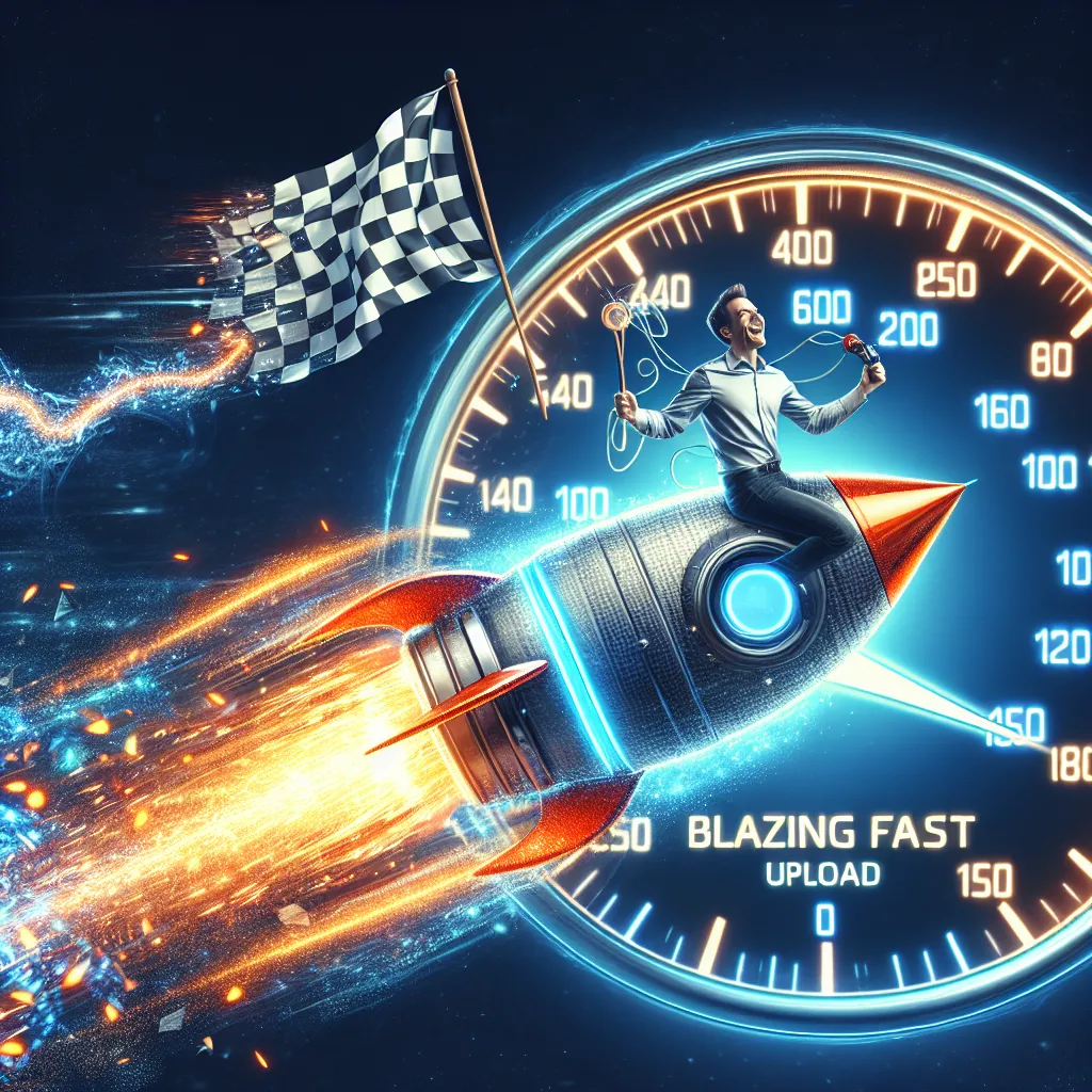 A web developer joyfully riding a swiftly rising upload bar, as vivid website images load at high speed, set against the backdrop of a glowing speedometer dial turned to utmost speed with sparks, witnessed by waving race flags.