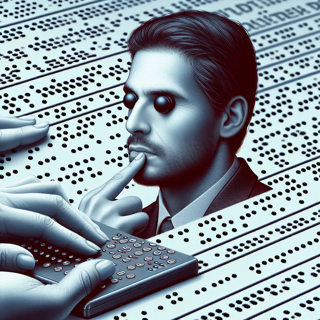 Visually impaired man using a braille reader, showing difficulty in comprehending a webpage without image descriptions, portrayed in a photograph emphasizing human emotion and style.