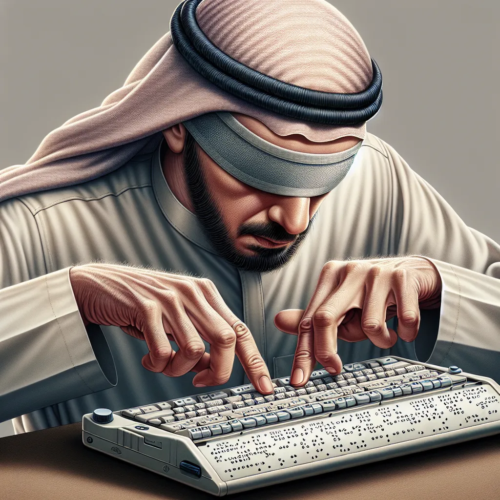 A visually impaired man struggling to navigate a webpage on a computer, his fingers touching a Braille reader with no other Braille in sight. He is not wearing any headwear.