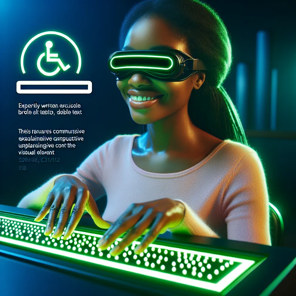 A blind woman with a smile on her face is engaging with a futuristic glowing green braille display device, showcasing clear dot patterns indicative of an intelligently written audio-monitor script. The technology praised for its disability-forward approach.