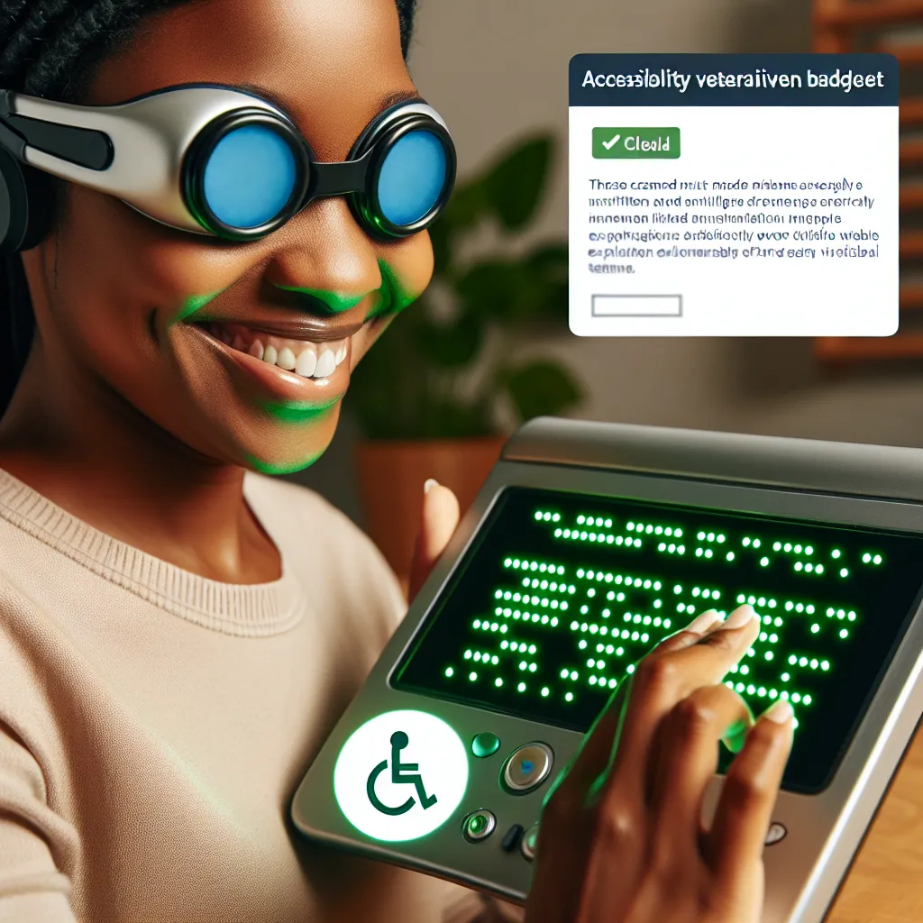 A happy blind woman wearing glasses uses her fingertips to explore a glowing green braille display device, appreciating the clear dot patterns facilitated by modern technology and expert coding, validating the website's disability-friendly approach.