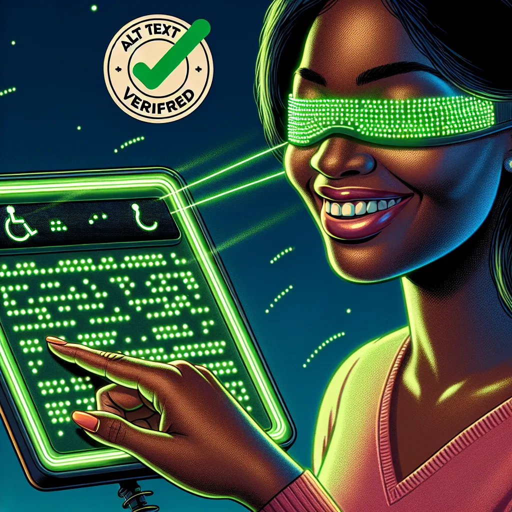A blind woman with a joyful smile is reading from a neon-green futuristic braille device, her fingers gently tracing the glowing dot patterns. The scene is artistically illustrated, promoting accessible technology.