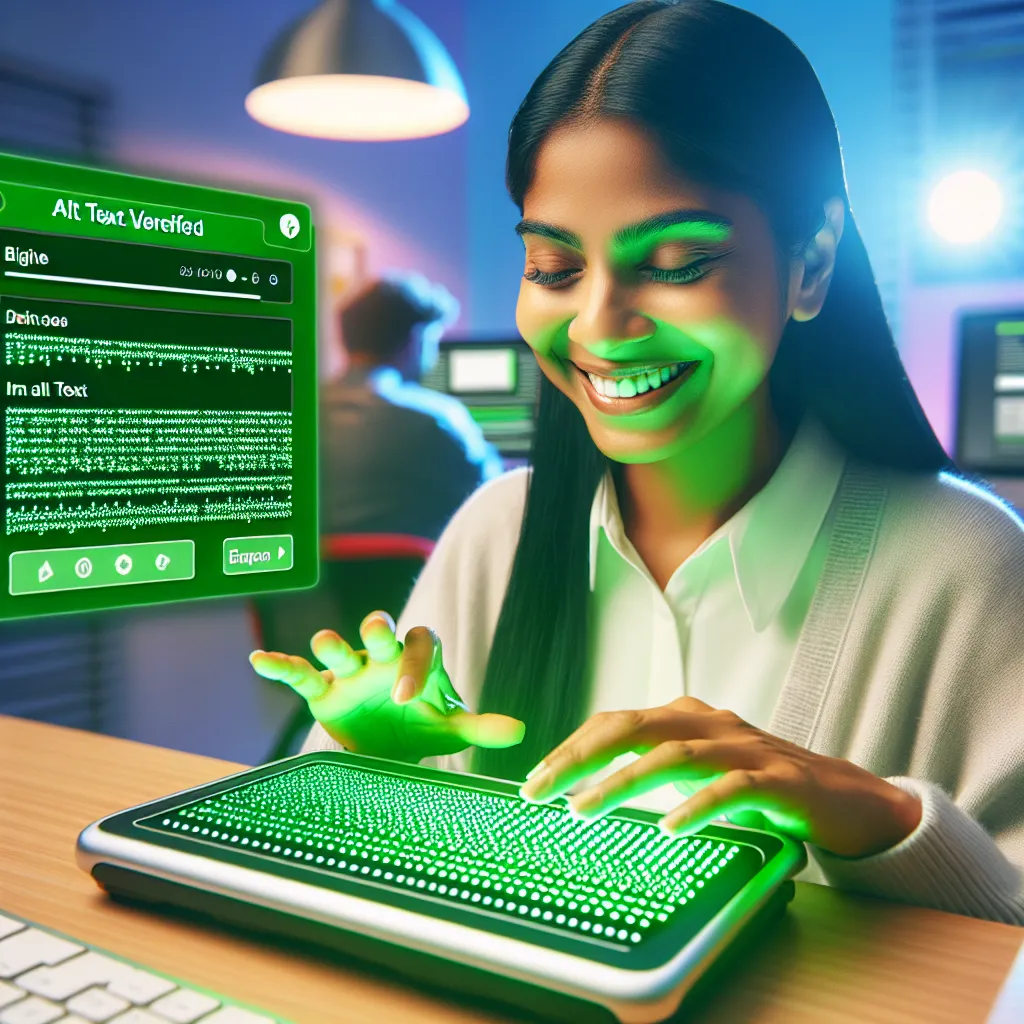 A cheerful blind woman navigates a green illuminated braille display device or electronic instrument, effectively understanding dot patterns due to comprehensive image alt text, as an emblem praises the disability-friendly approach.