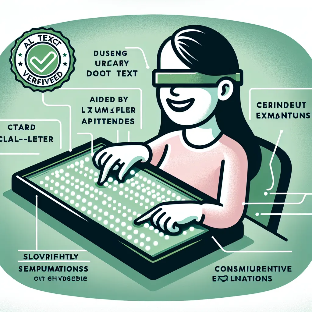 A cheerful blind woman using her fingertips to read from a glowing green braille display device, showcasing clear dot patterns. This image features technology, an illustration, office equipment, and electronic devices.
