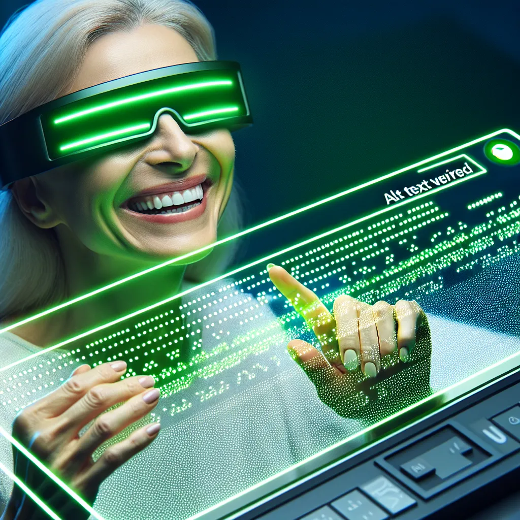 A cheerfully grinning blind lady runs her fingers over a futuristic, radiant green braille display, deciphering clear dot patterns. The display earns a badge for disability-friendly use, offering full accessibility to webpage content.