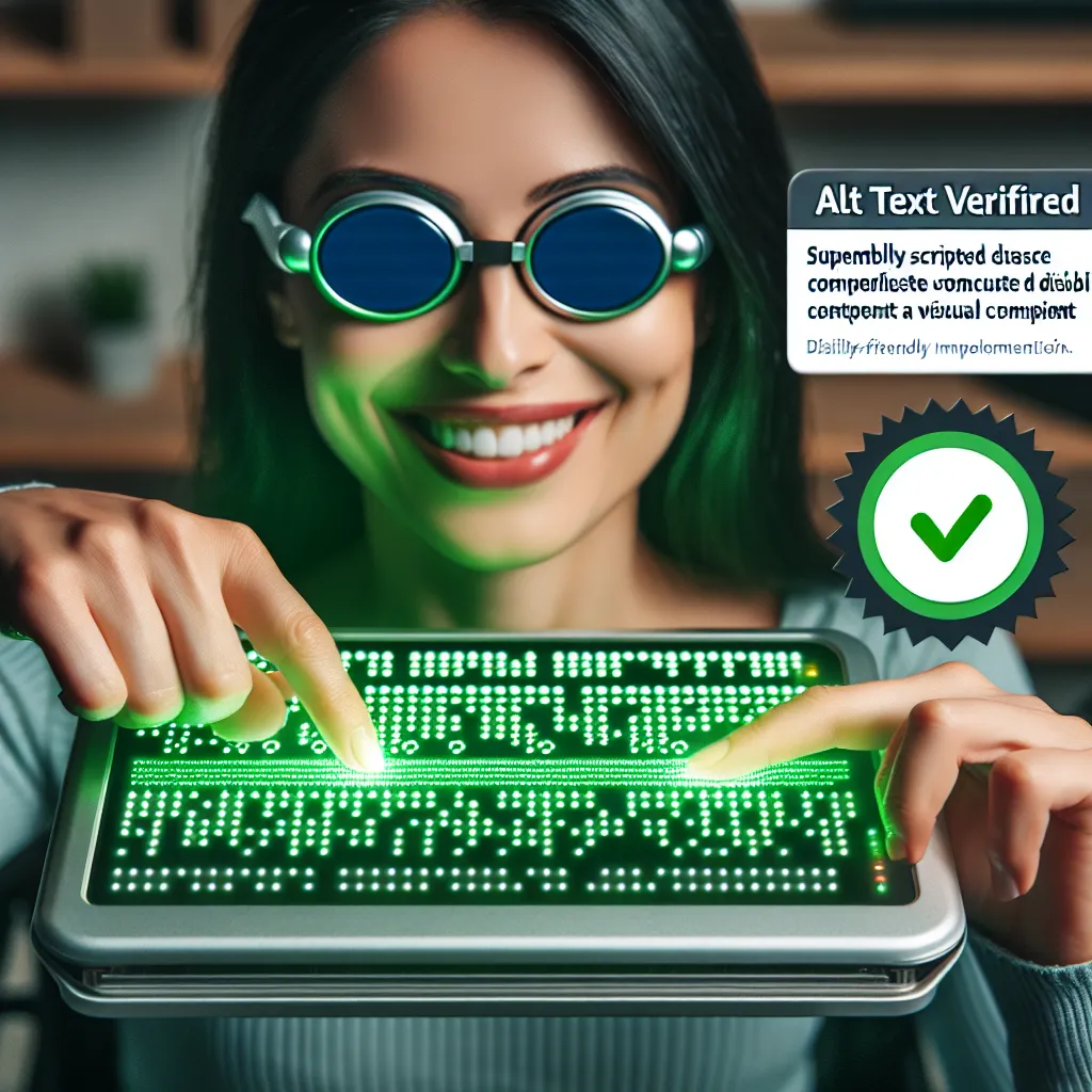 A joyful blind woman with glasses, smiling as she explores a glowing green braille display with her fingertips. The device, designed for vision care, showcases clear dot patterns. Recognized by an Alt Text Verified badge for disability-friendly use.