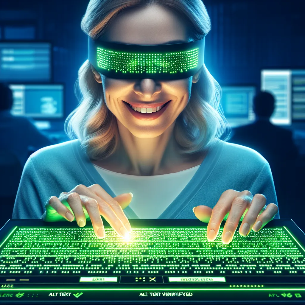 A cheerful blind woman, sporting eyewear and a hat, expertly navigates a green, luminous braille display device, demonstrating a clear pattern of dots signifying the technology's advanced, disability-friendly features.