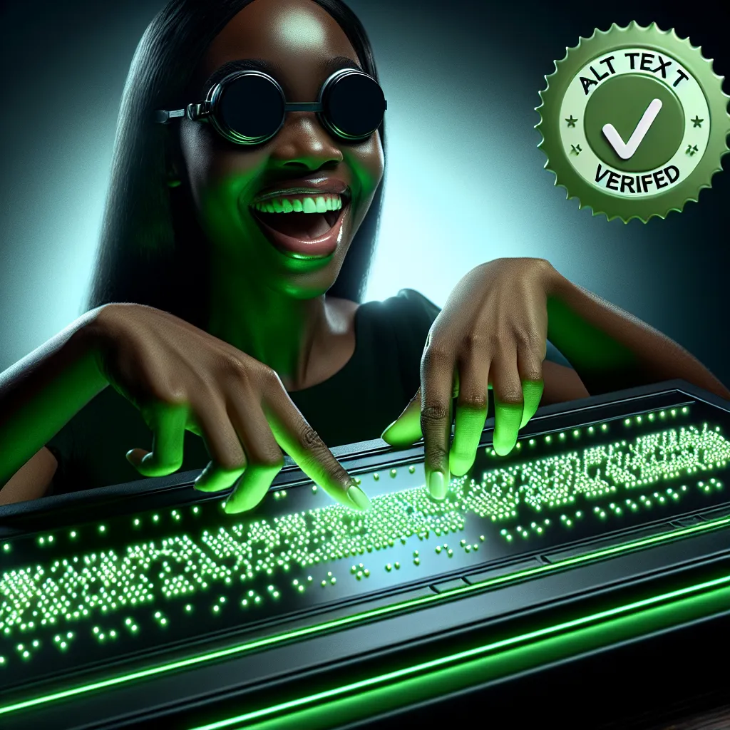Happy blind woman smiling, engaging with a futuristic glowing green braille device, interpreting clear dot patterns with her fingers, demonstrating advances in vision-care technology.