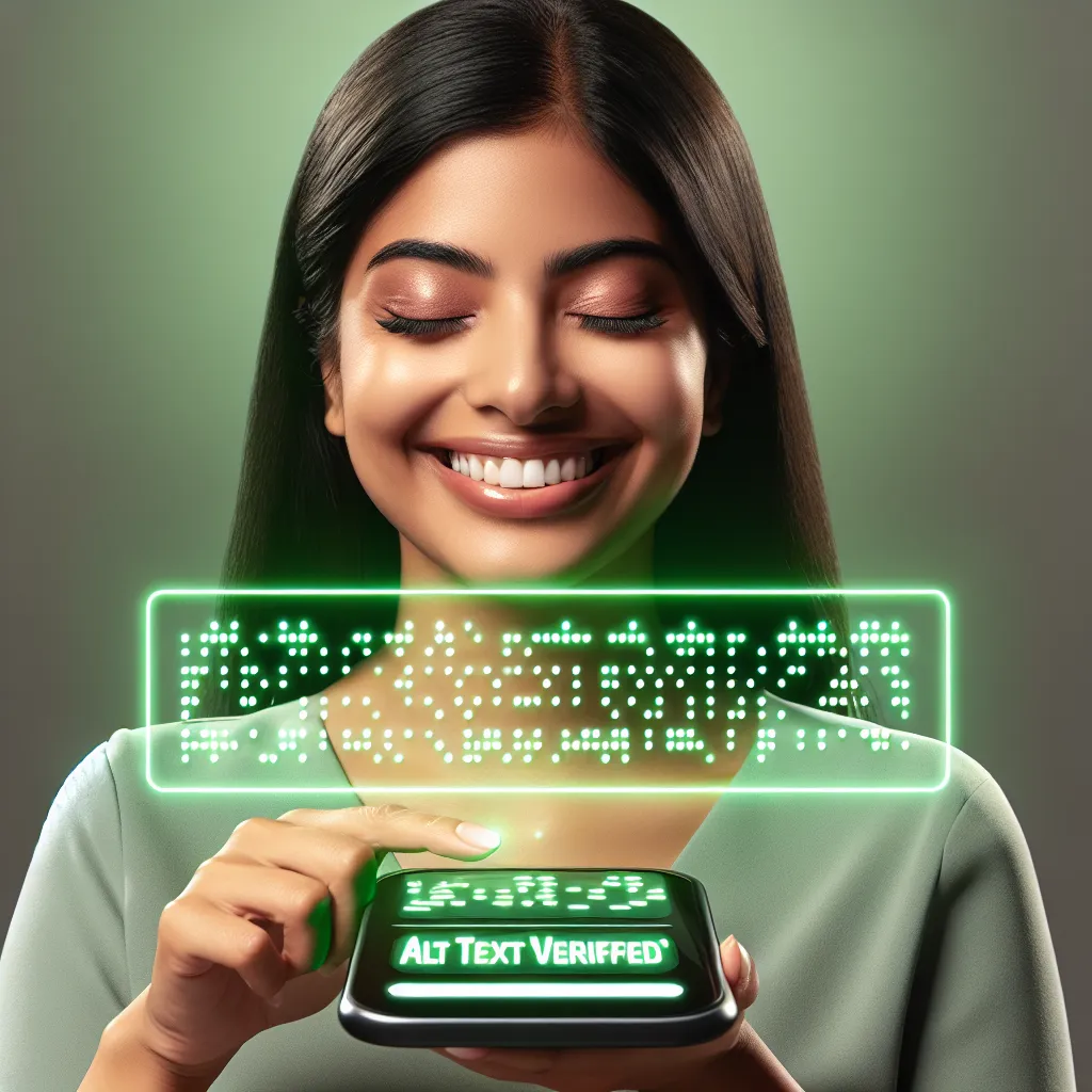 A joyful blind woman with styled hair and lipstick, running her fingers over a glowing green braille device. A badge commends the accessible design that enables her to interact with webpage content with ease.