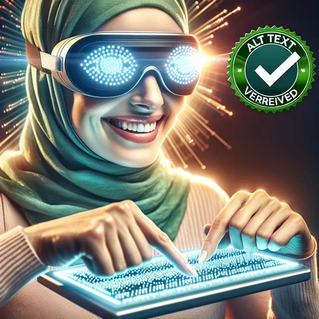 A visually impaired, happy woman, recognized by her eyewear, with a heartening smile, using her fingers to read a vibrant, green, backlit braille display, illuminating clear dot patterns, a testament to accessibility optimization confirmed by an Alt Text Verified badge.