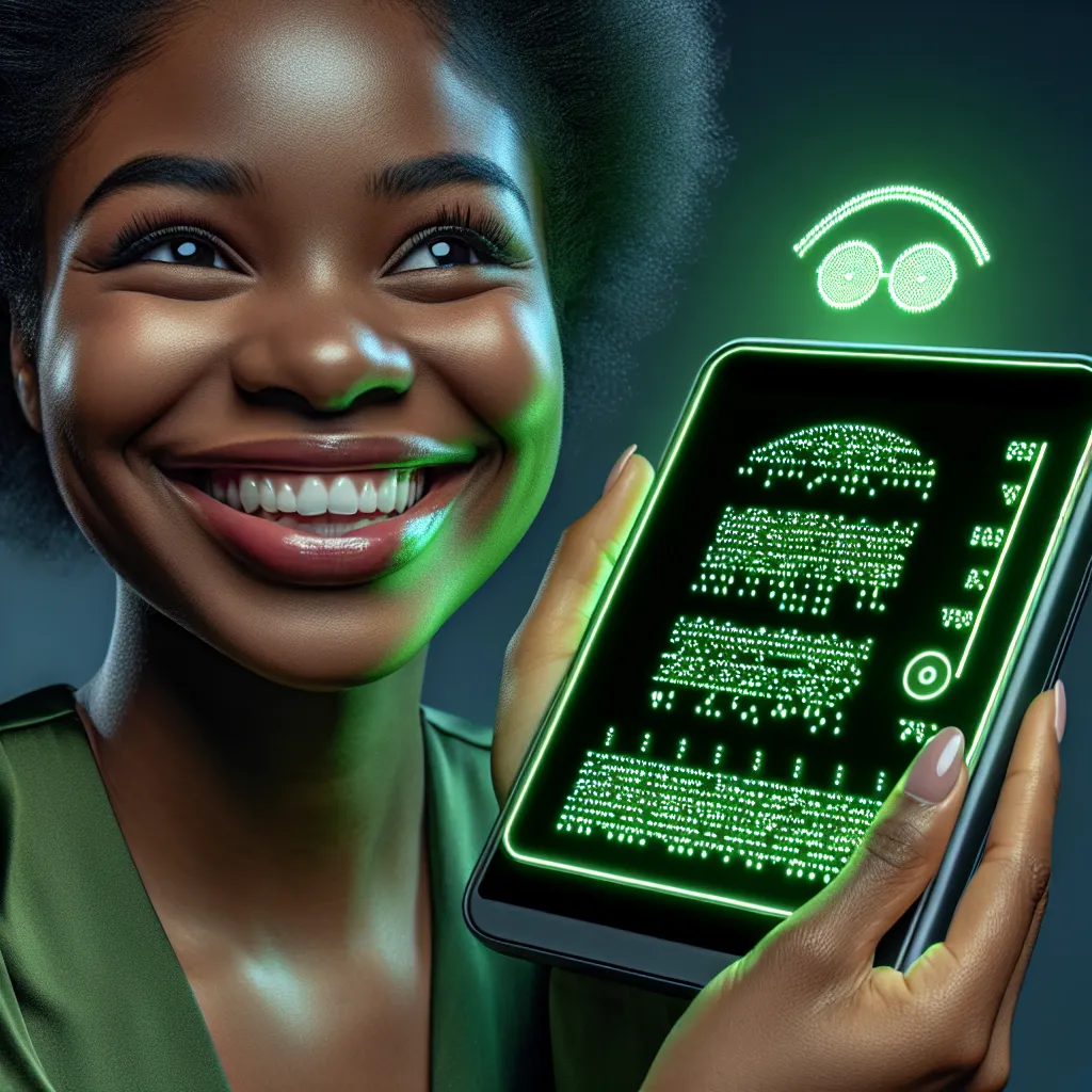 A contented blind woman smiling while tracing her fingers over a green-lit braille device, conducting mobile communication through the distinctly patterned tactile interface, indicating a commendable approach toward online accessibility.