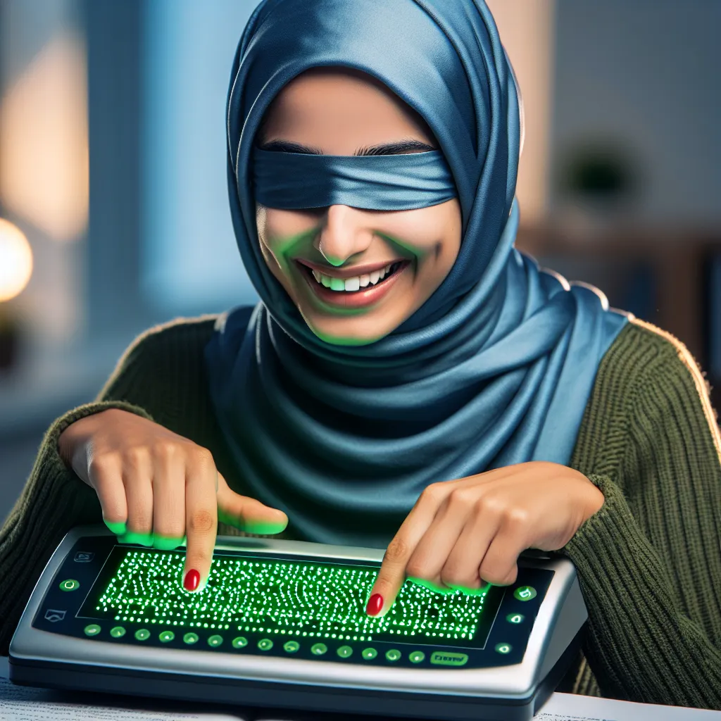 A joyful blind woman using her fingertips to navigate a futuristic, glowing green braille display device that shows clear dot patterns, demonstrating an inclusive online environment.