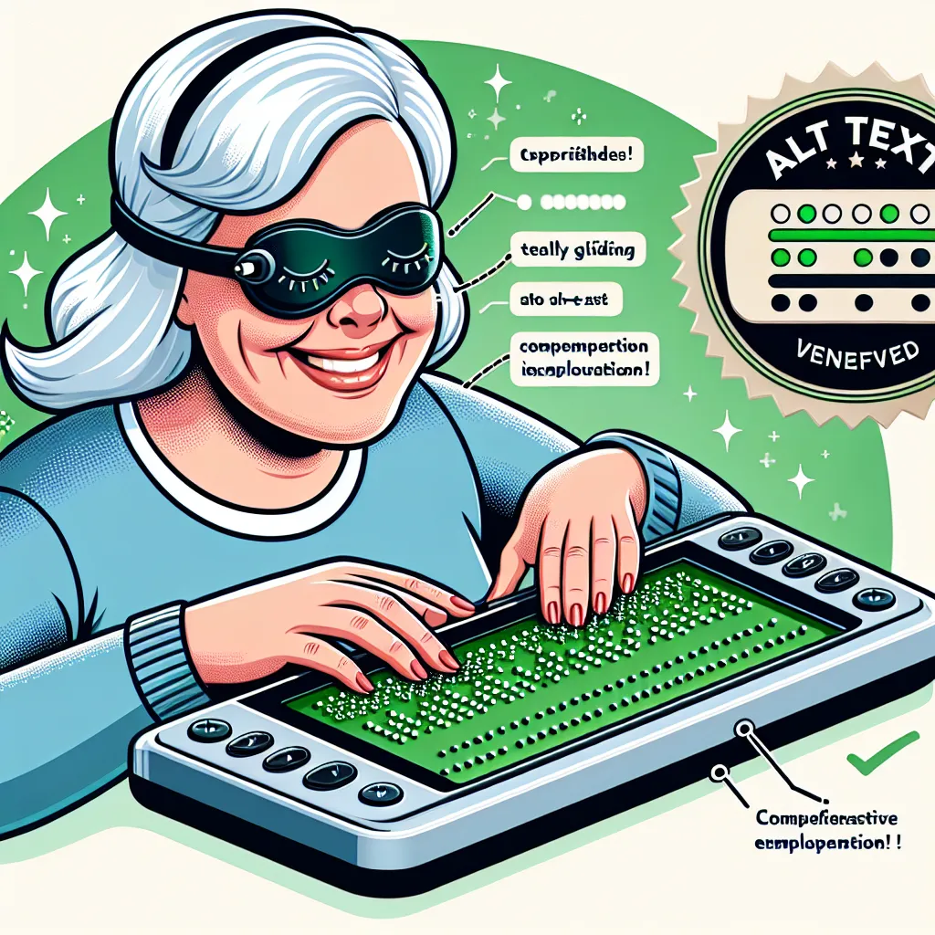 A jubilant visually impaired woman uses her fingertips to interact with a modern glowing green braille display device, illustrating clear dot patterns, in a show of proficient typing on this office equipment gadget.