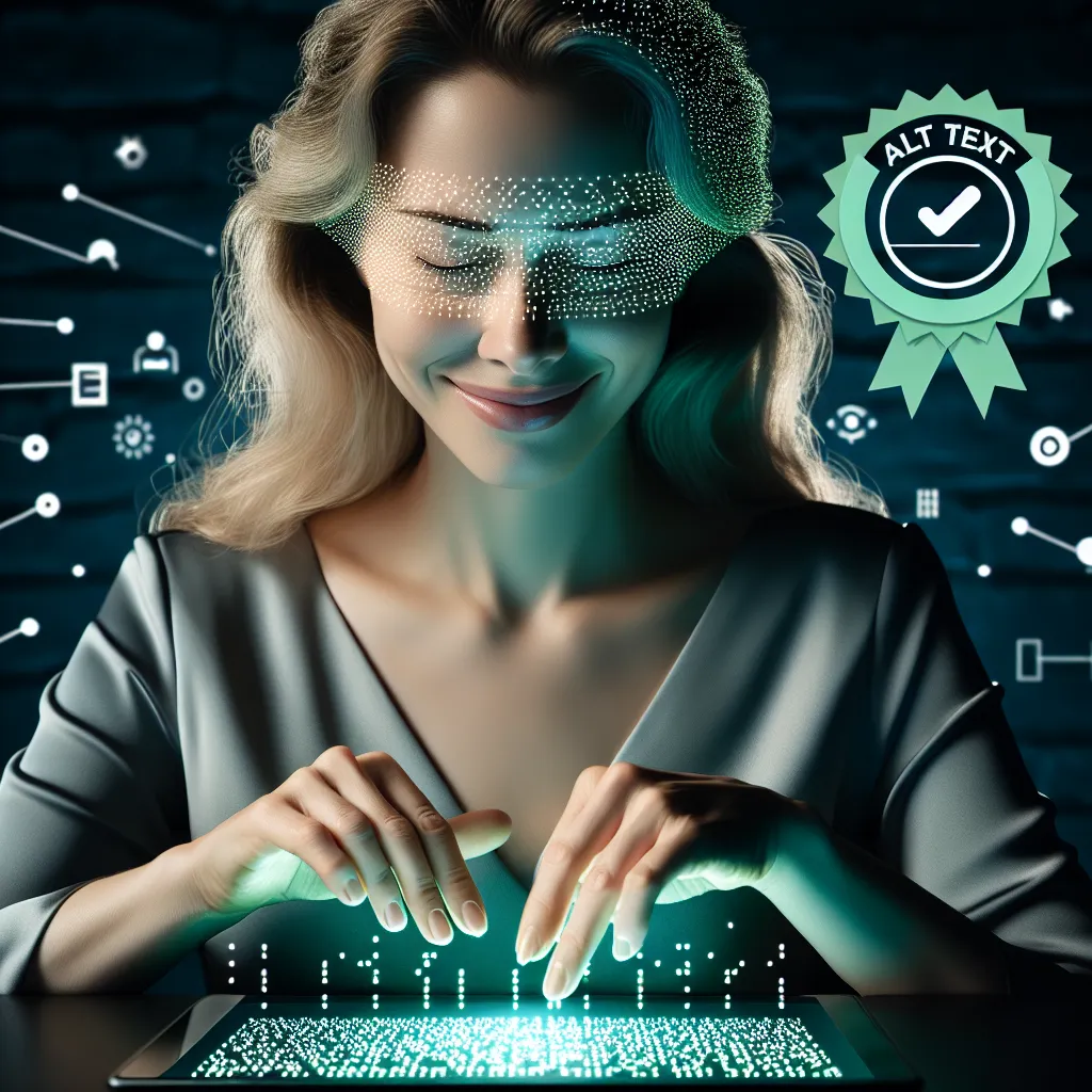 Blind woman smiling whilst reading braille on a futuristic glowing green device, displaying clear dot patterns. Image praised by a badge for disability-friendly implementation.