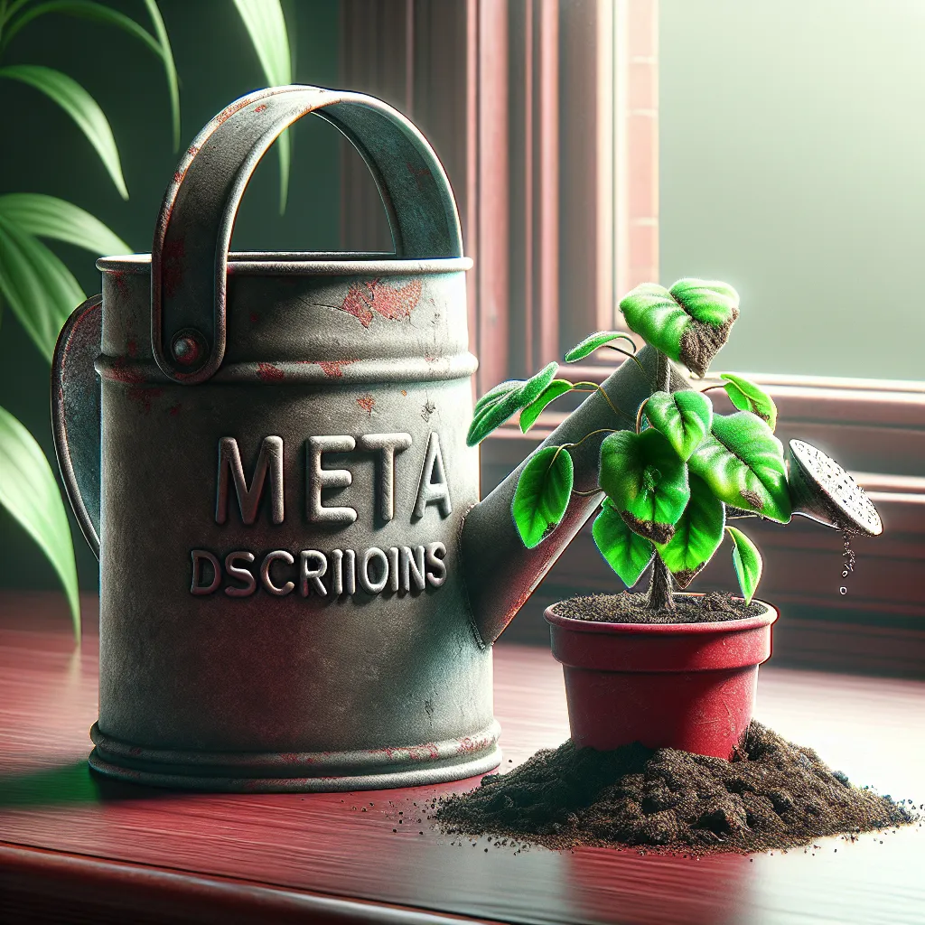 Dehydrated houseplant with wrinkled leaves in a red pot on a windowsill, next to a rusted, toppled watering can labeled 'Meta Descriptions', symbolizing the impact of lacking effective meta descriptions on a website's potential growth.