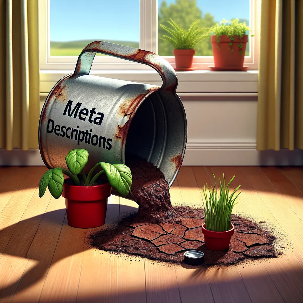 Alt text: A dehydrated houseplant with wrinkled leaves in a red flowerpot next to an emptied rusted watering can marked 'Meta Descriptions', symbolizing a website's untapped potential due to lack of effective meta descriptions.