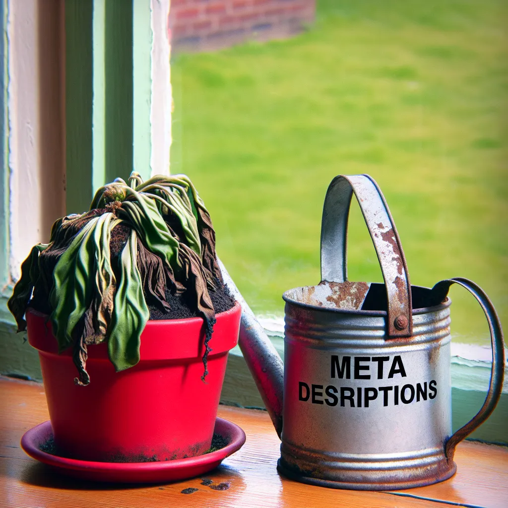 Small houseplant with faded leaves in a red pot next to a rusted, empty watering can labeled 'Meta Descriptions', symbolizing the lack of informative meta descriptions hindering website growth.